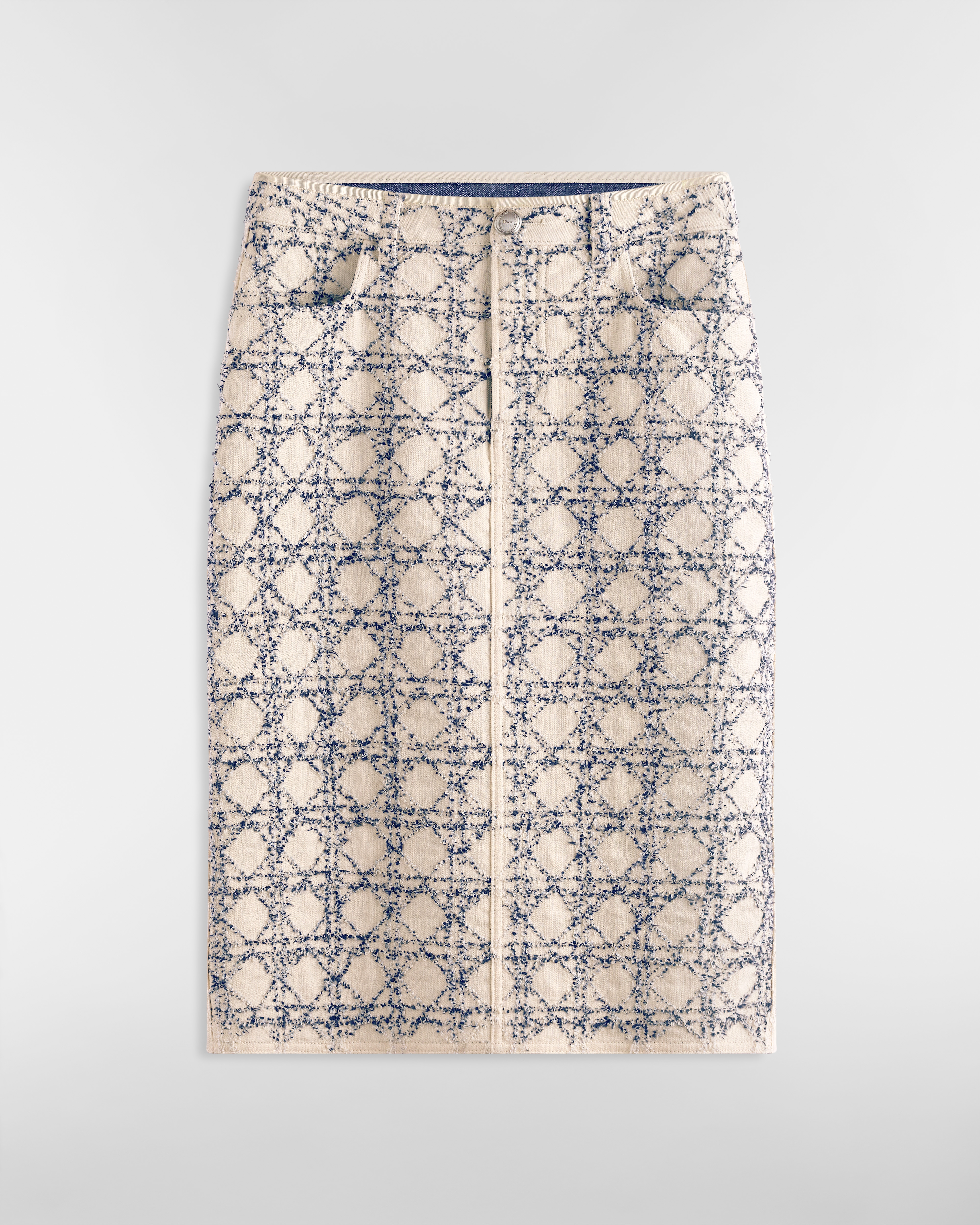 Dioriviera Cannage Pencil Skirt White and Blue Bouclé Cotton-Blend Tweed E01
