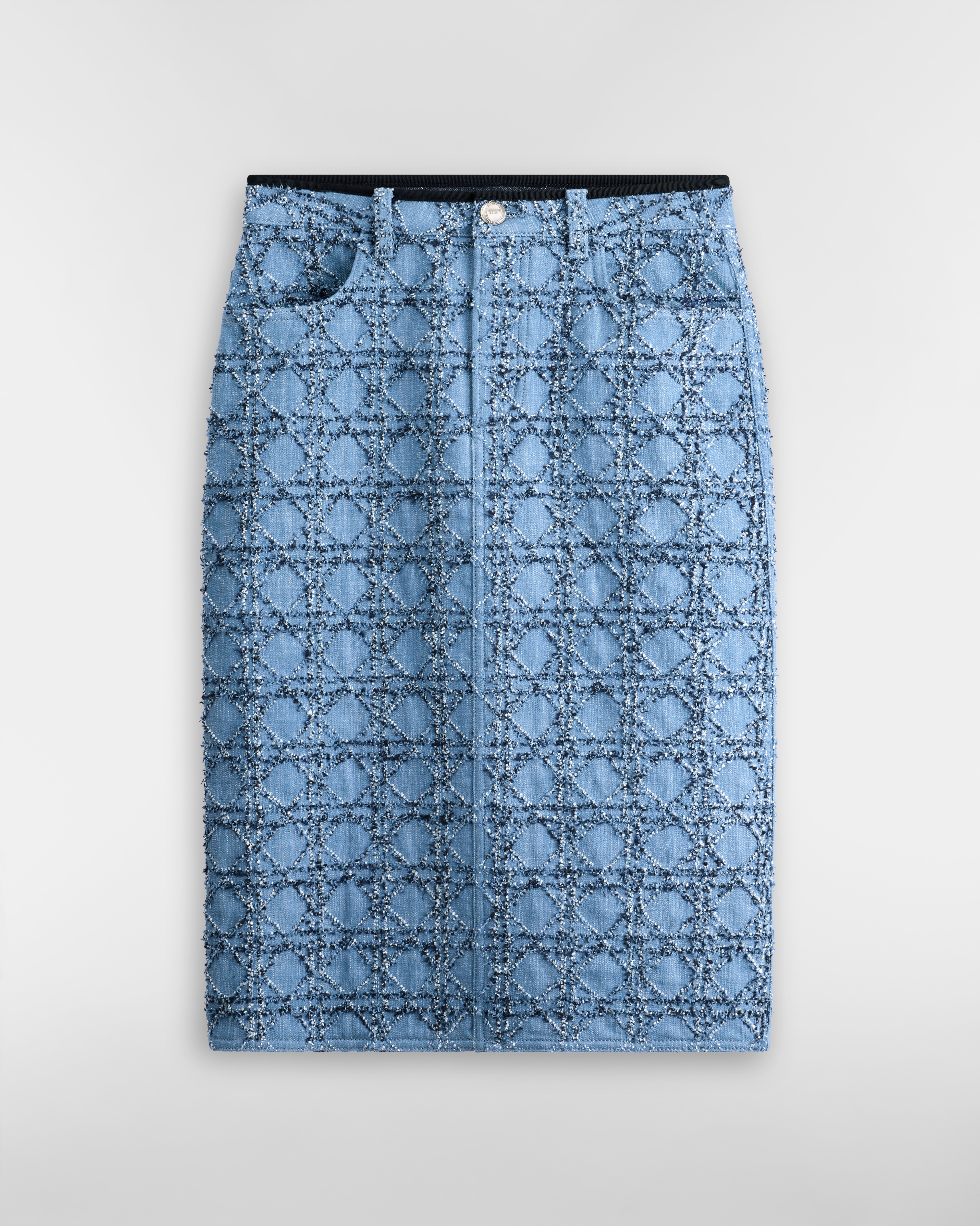 Jupe droite Cannage Dioriviera Tweed de coton bouclé mélangé bleu et blanc E01