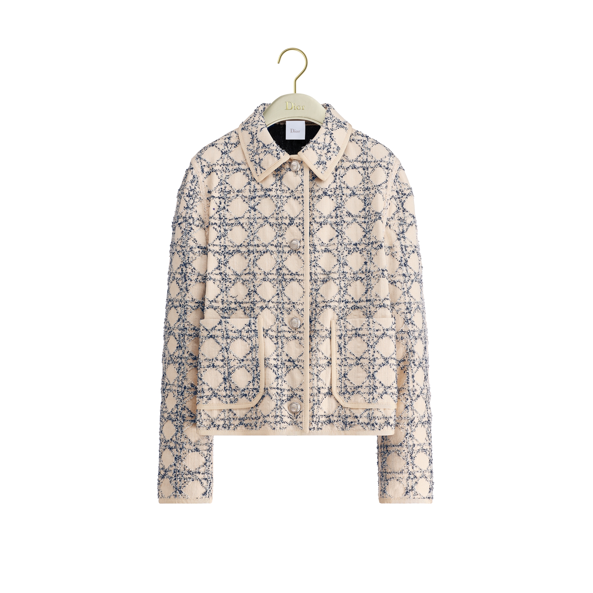 White and Blue Bouclé Cotton-Blend Tweed