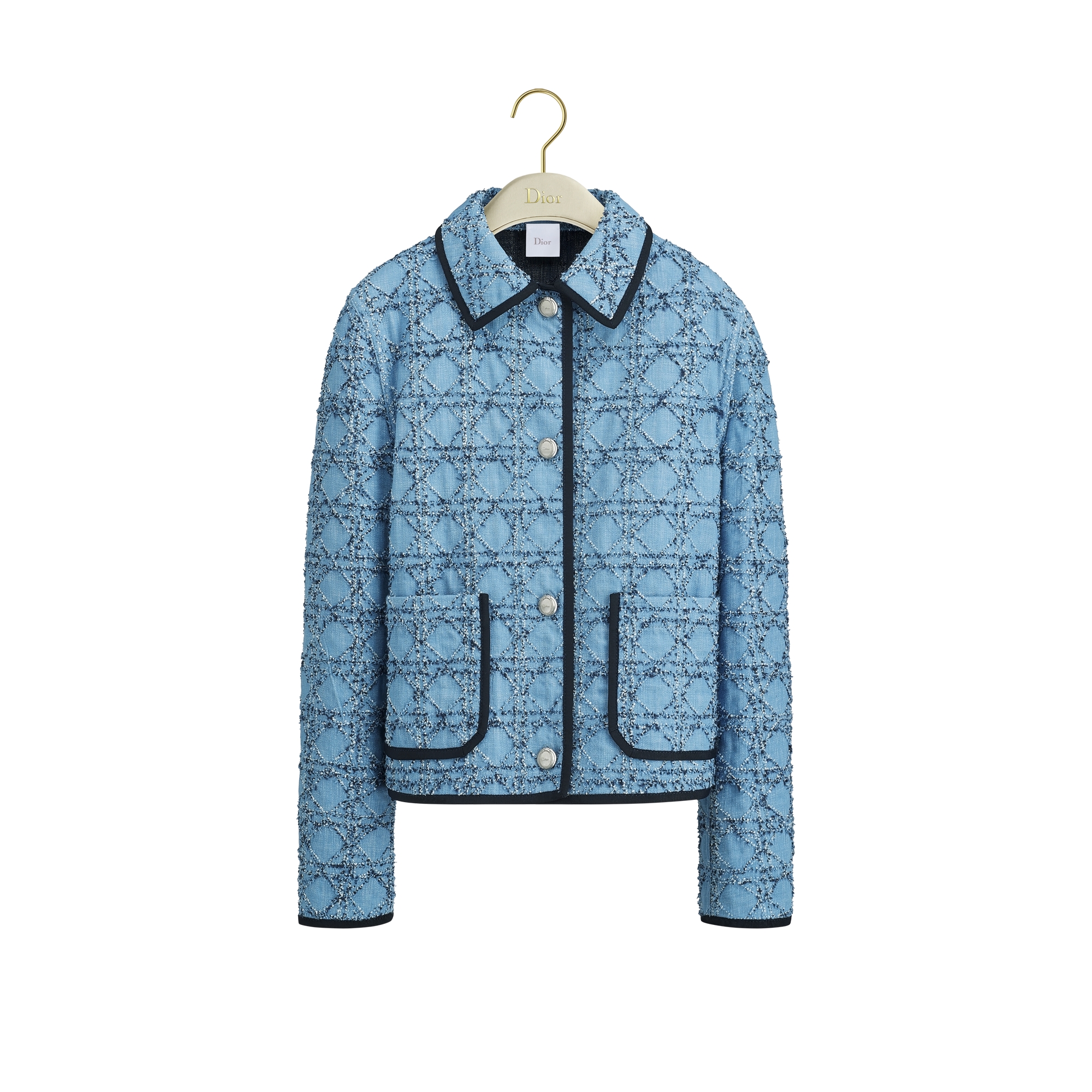 Dioriviera Cannage Cropped Jacket Blue and White Bouclé Cotton-Blend Tweed E01