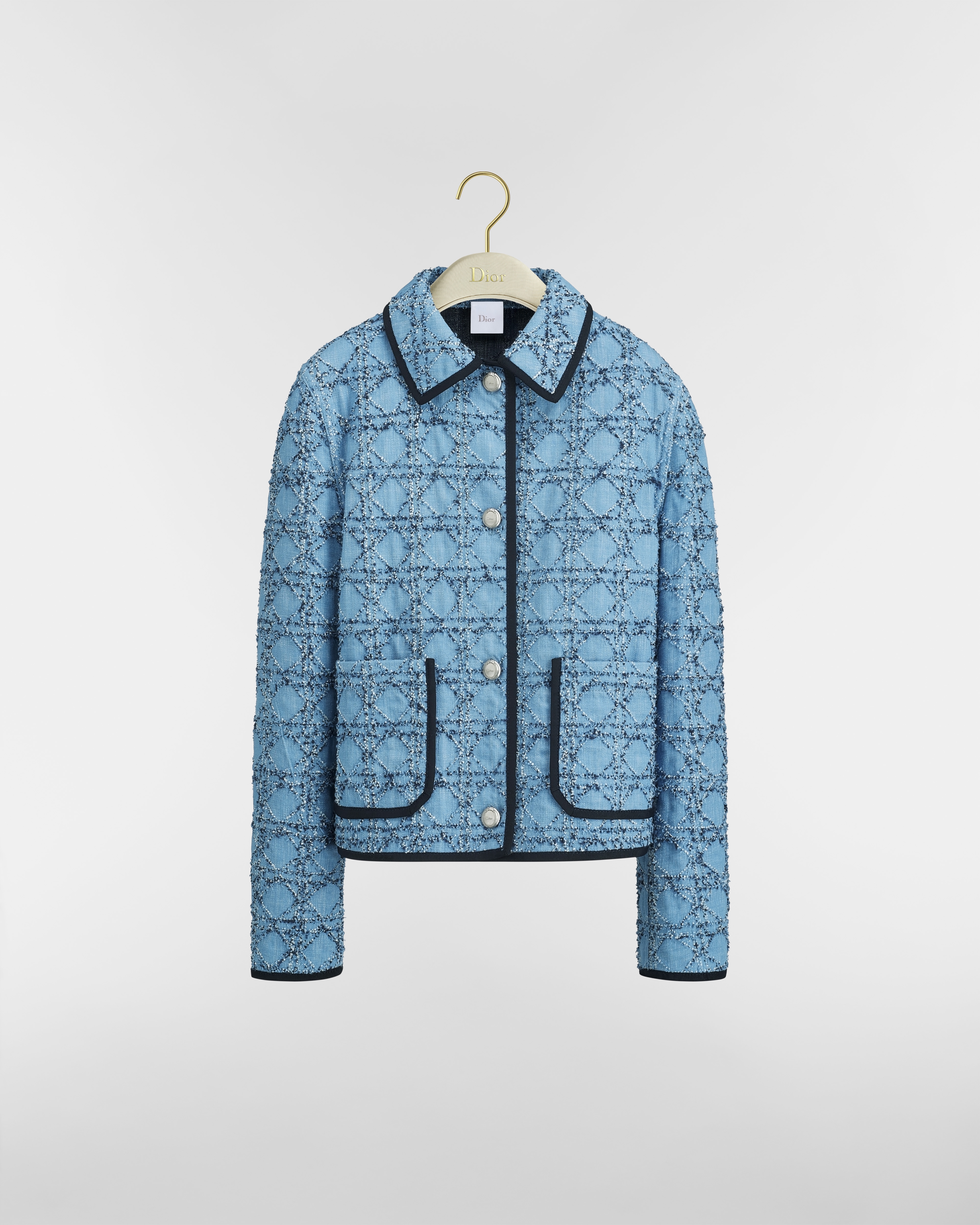 Dioriviera Cannage Cropped Jacket Blue and White Bouclé Cotton-Blend Tweed E01