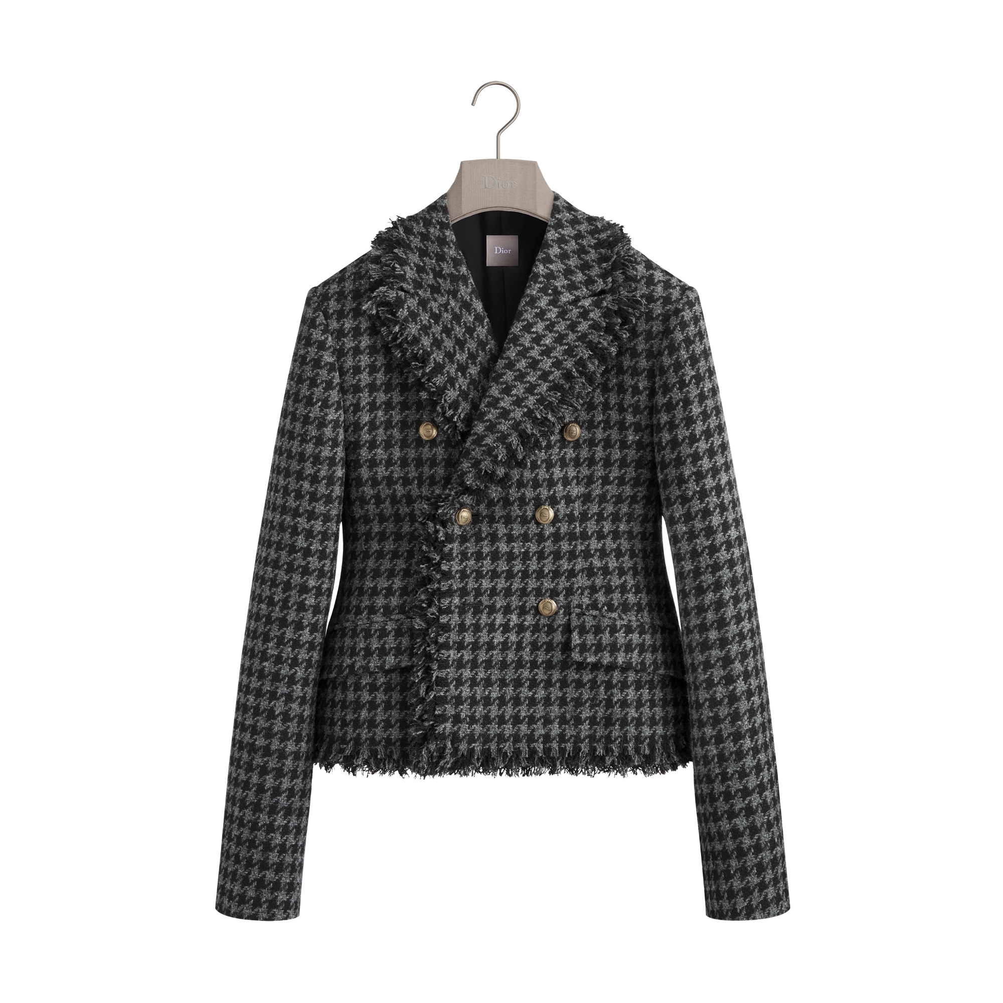 Cropped Bar Jacket Black Houndstooth Wool Basketweave E01