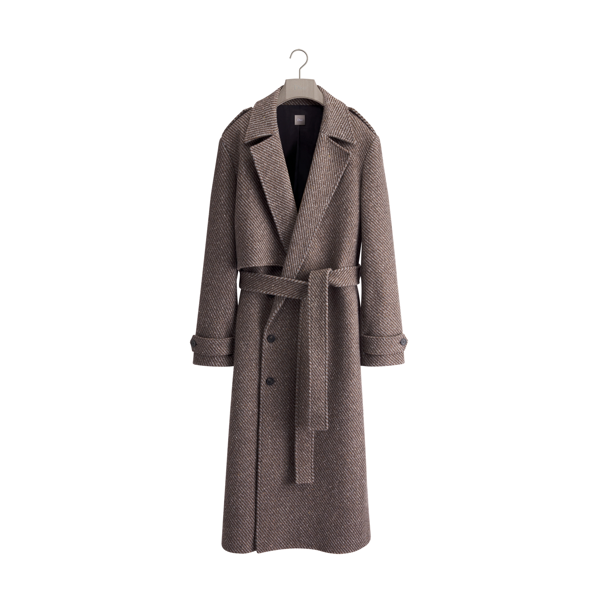 Belted Coat Brown Wool-Silk-Blend Basketweave E01