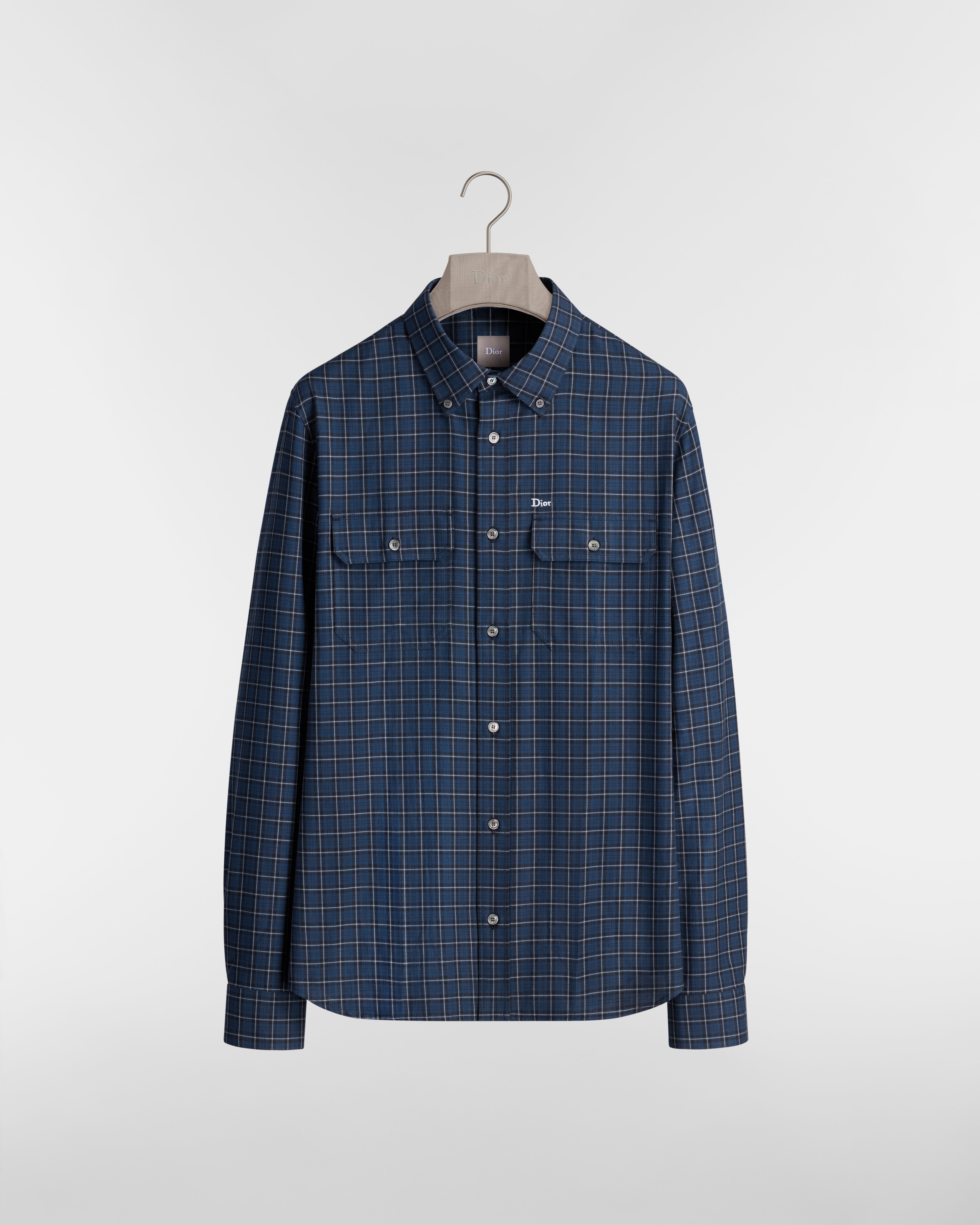 Chemise à col boutonné Toile de coton bleu marine à motif Check'n'Dior E01