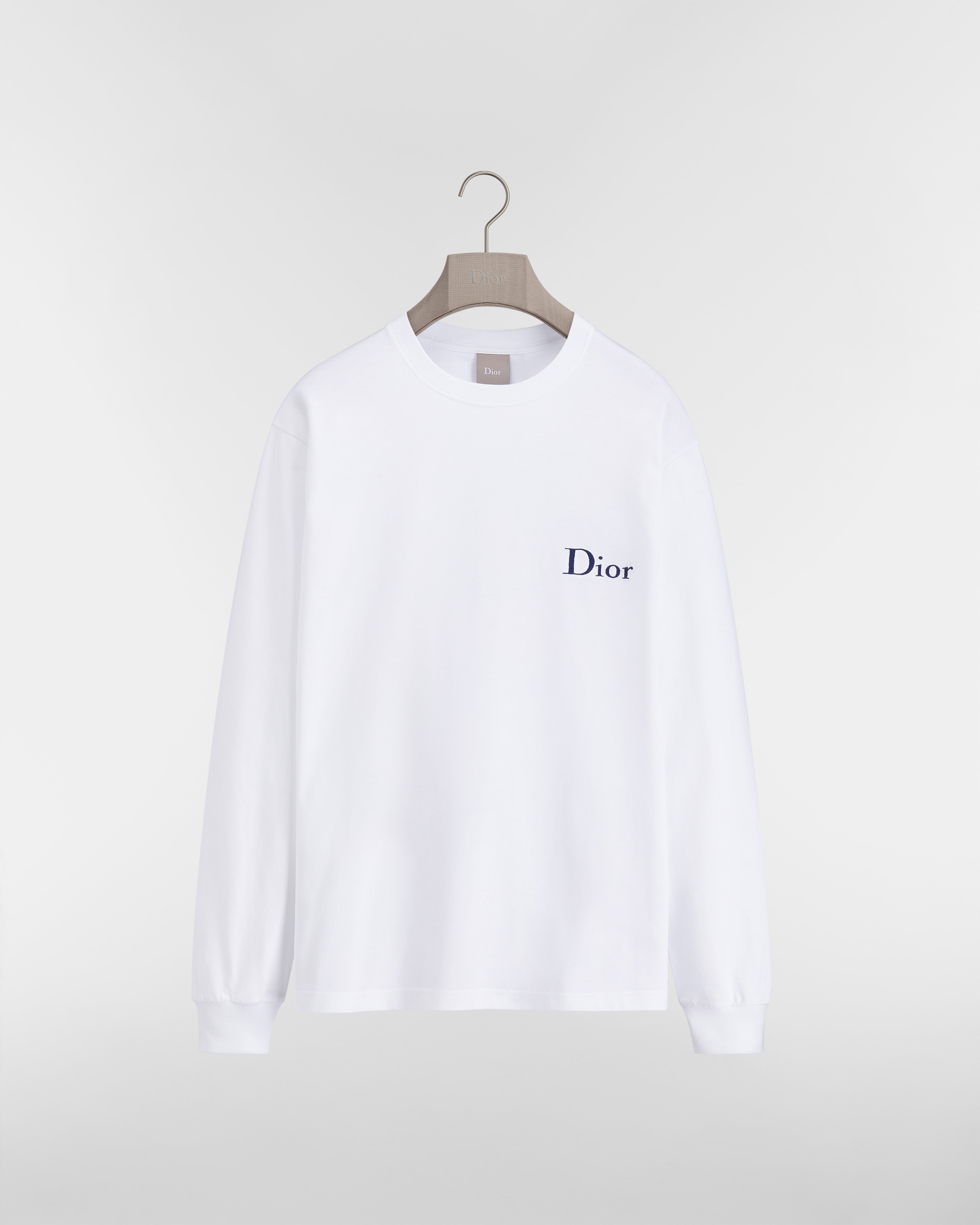 Long-Sleeved T-Shirt with Dior Embroidery, Relaxed Fit White Cotton Jersey E01