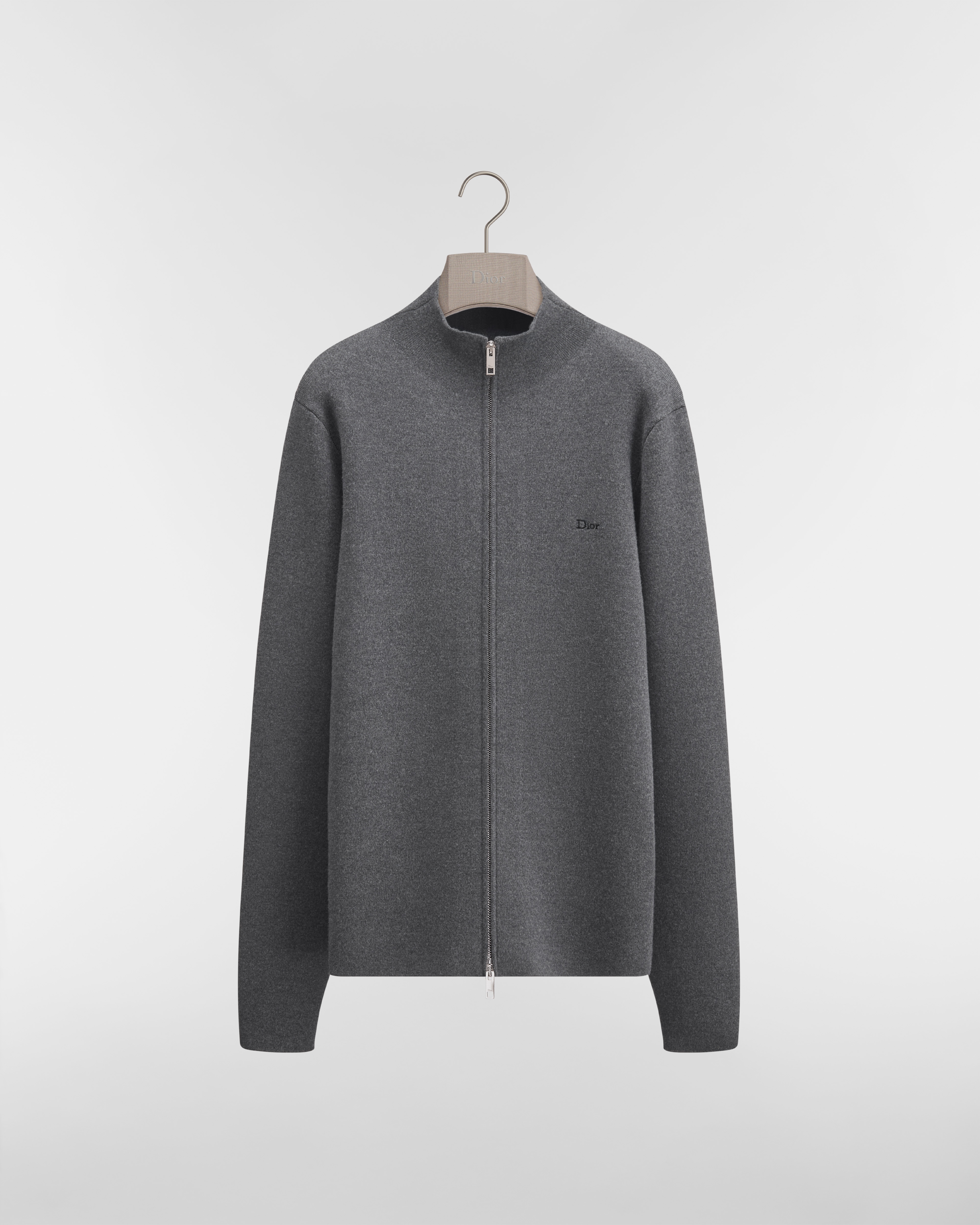 Zipped Cardigan with Dior Embroidery, Regular Fit Gray Wool Interlock E01
