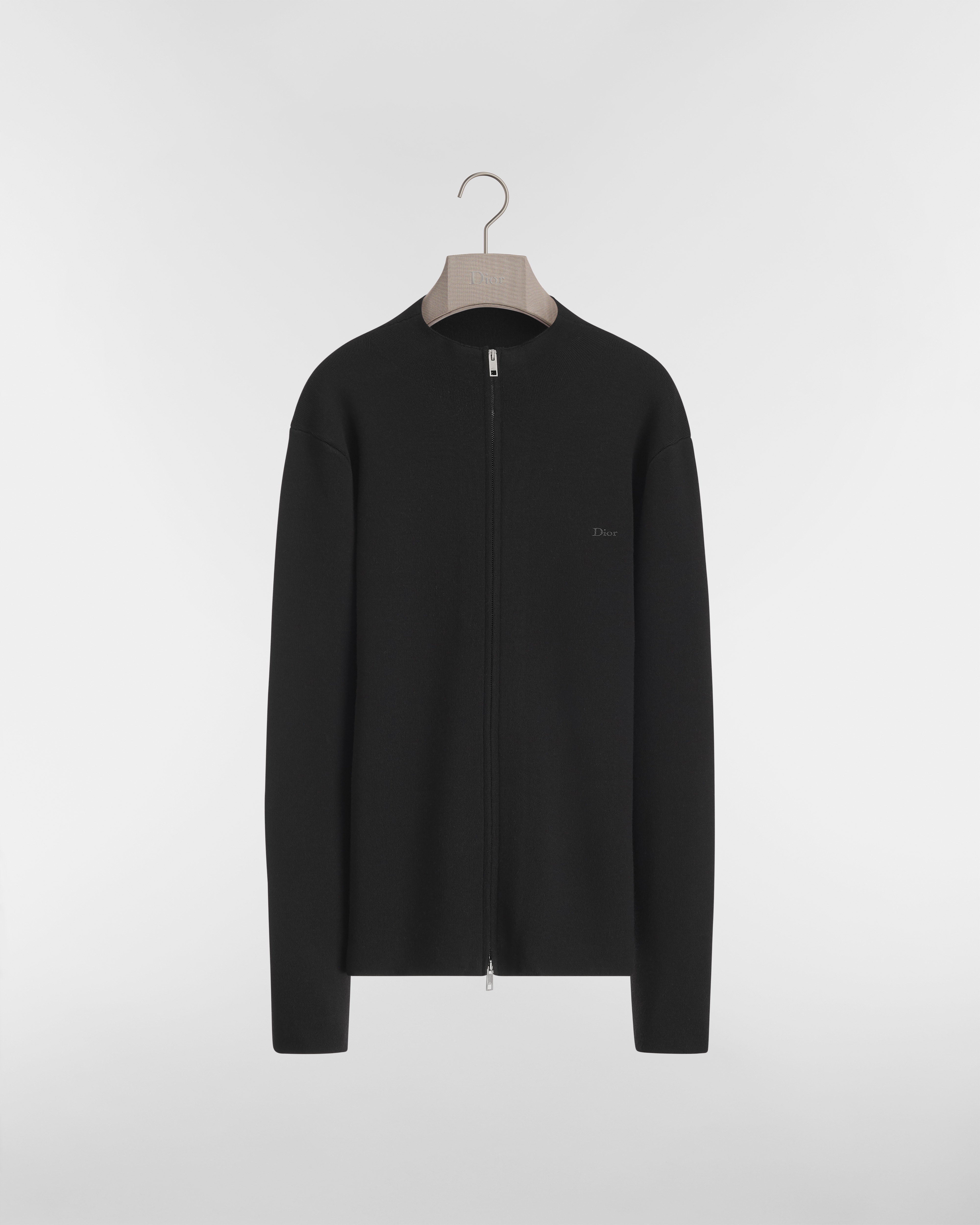 Zipped Jacket with Stand Collar Black Wool Interlock E01
