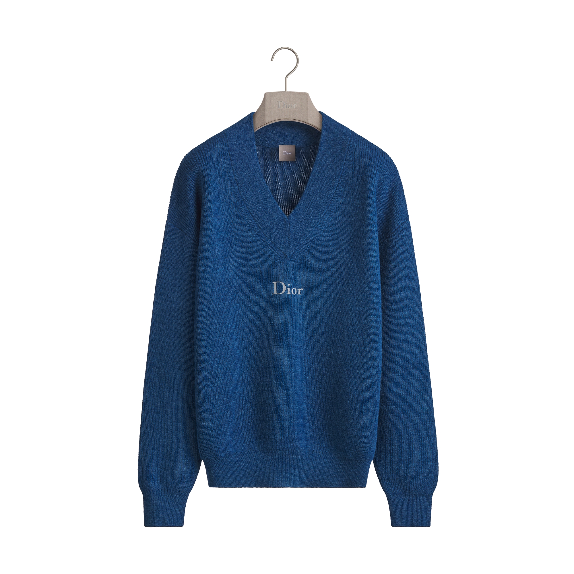 Sweater with Dior Embroidery, Regular Fit Blue Wool and Alpaca