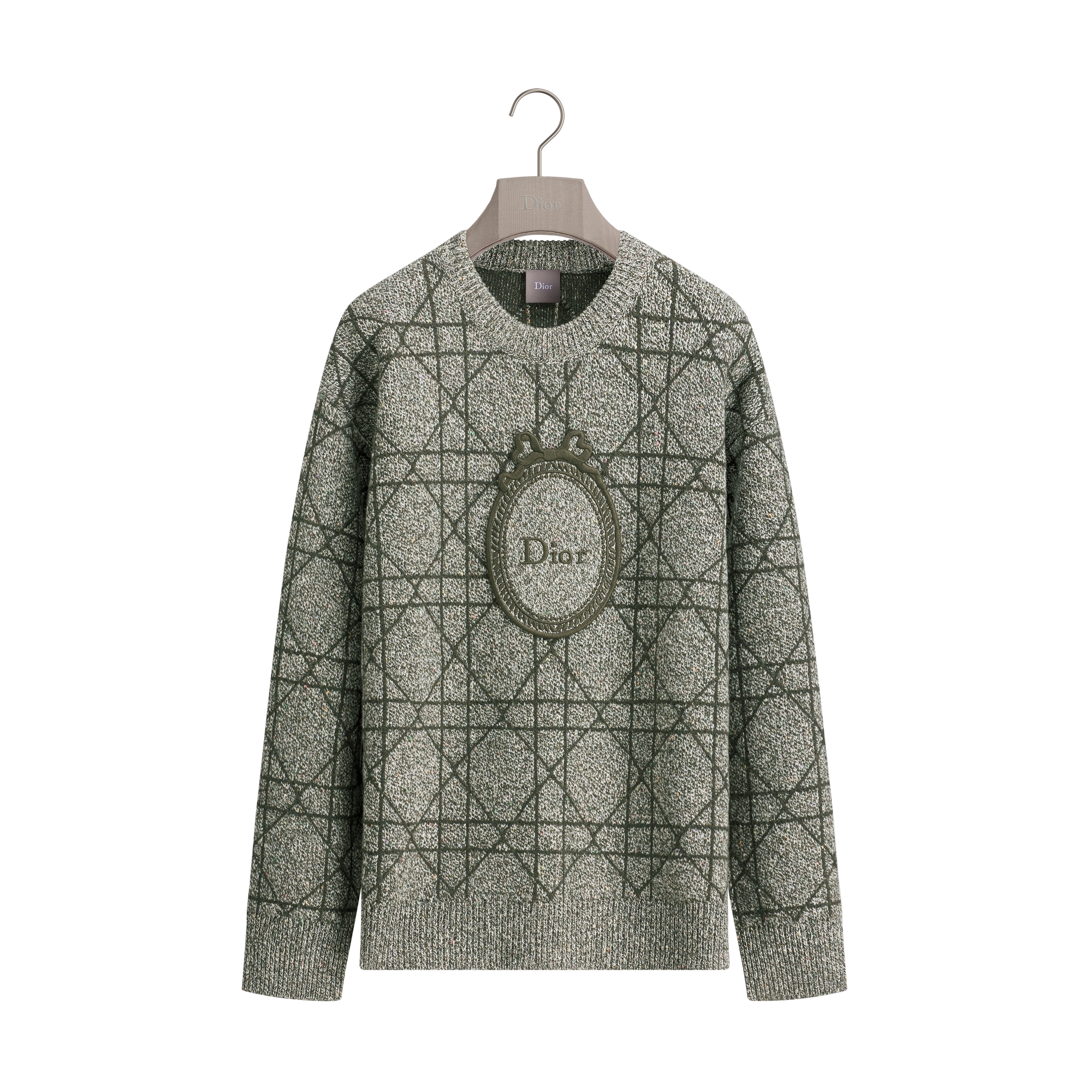 Dior Médaillon Sweater, Oversized Fit Khaki Wool Knit with Raised Cannage Motif E01