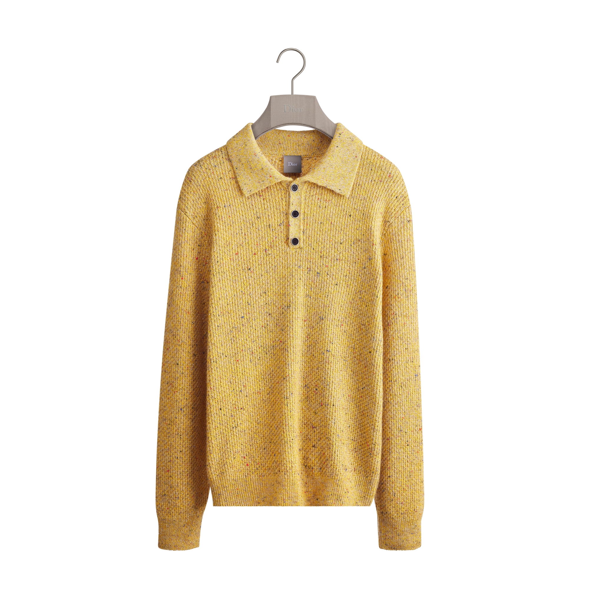 Sweater with Buttoned Collar, Regular Fit Yellow Tweed-Effect