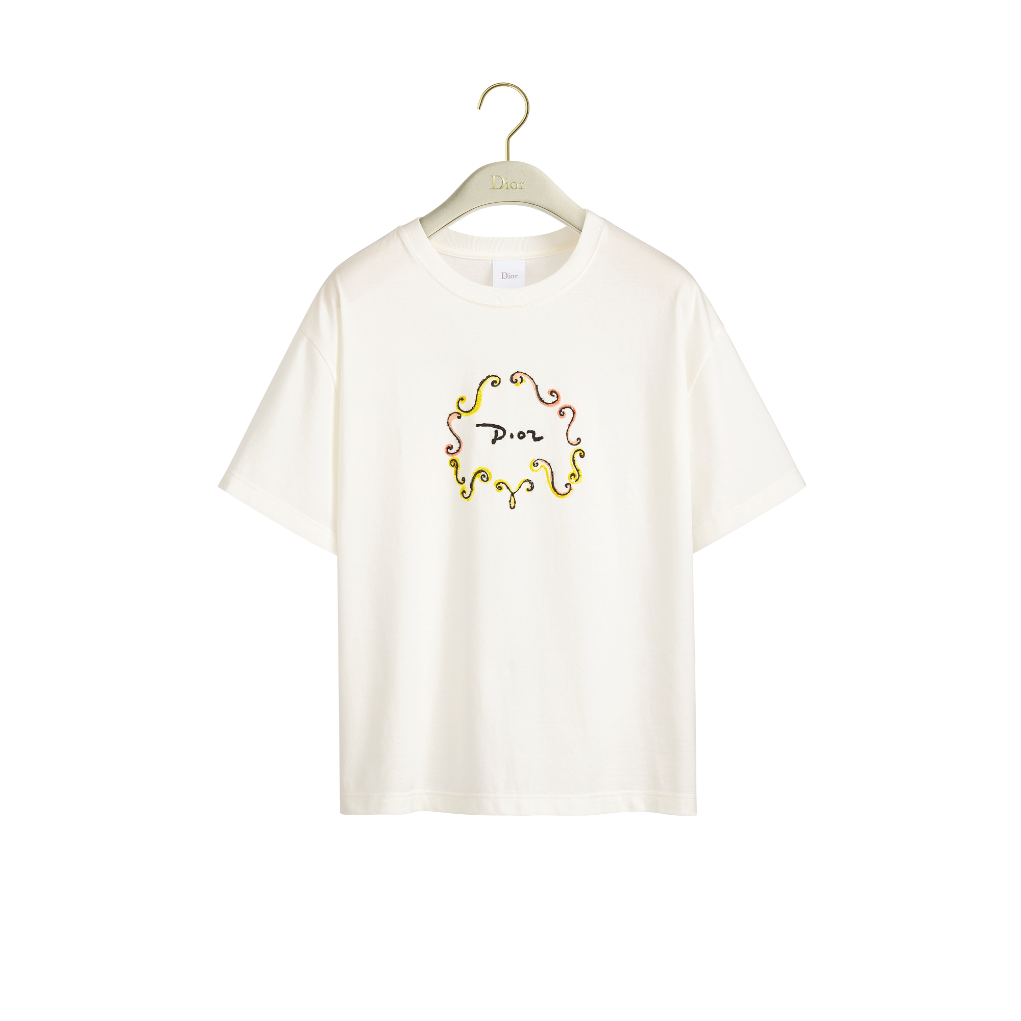 Dioriviera Oversized Embroidered T-Shirt White Cotton Jersey with Multicolor Dior Painted Ribbon Motif E01