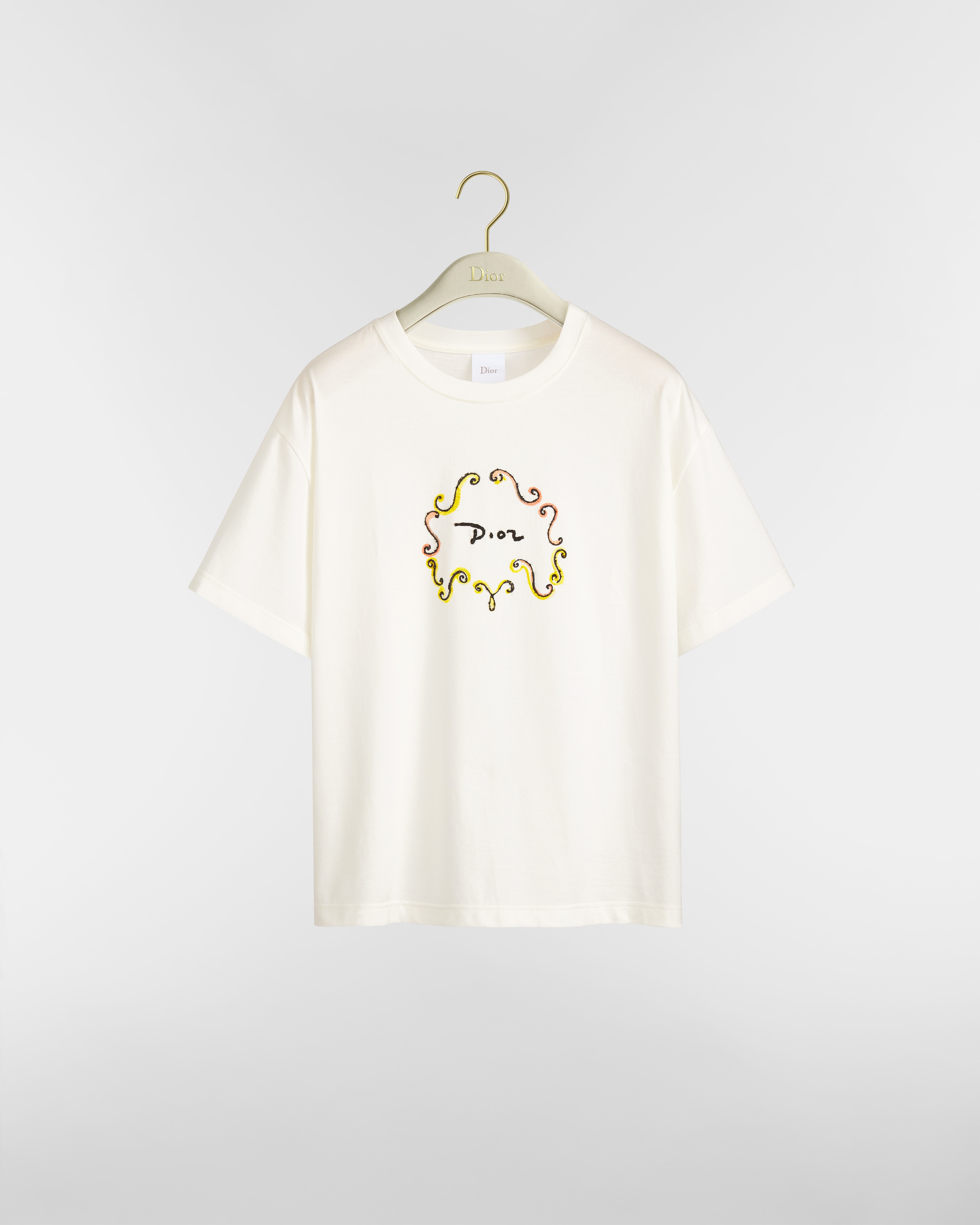 Dioriviera Oversized Embroidered T-Shirt White Cotton Jersey with Multicolor Dior Painted Ribbon Motif E01