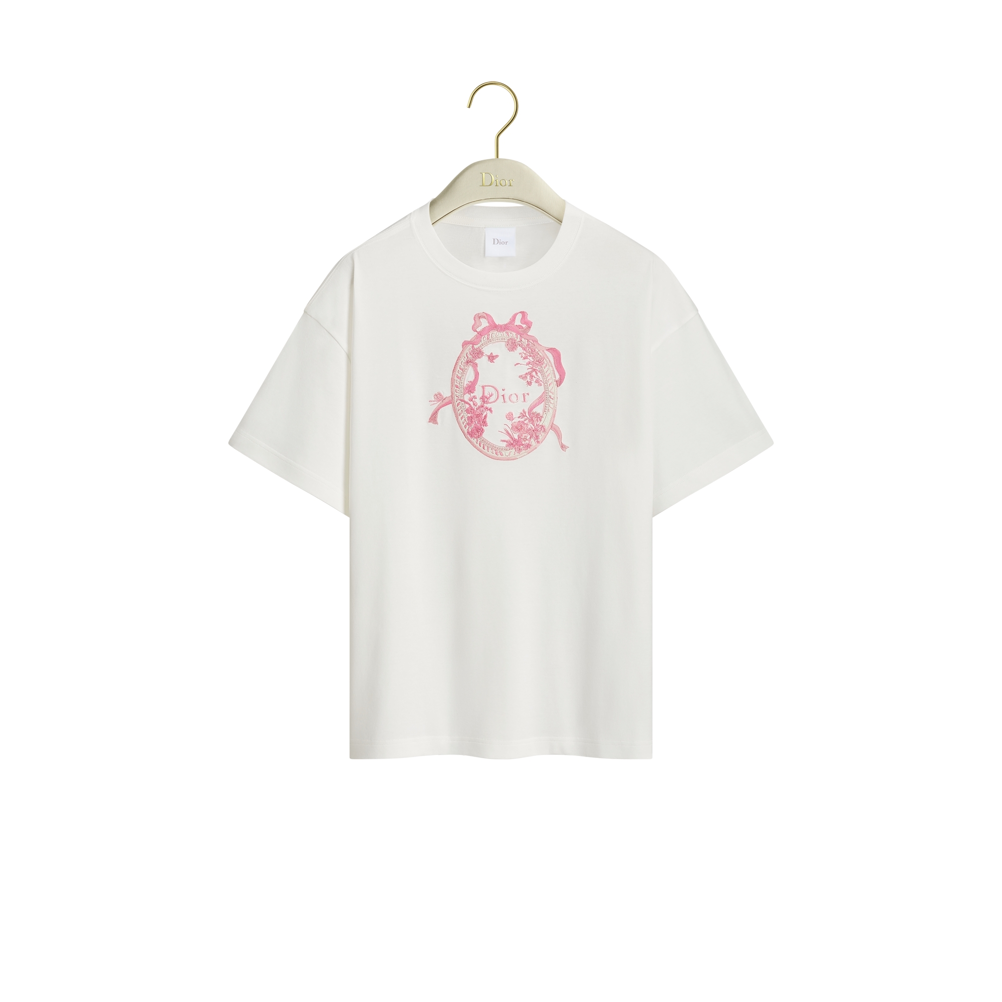 Dioriviera Oversized T-Shirt White Cotton Jersey with White and Pink Toile de Jouy Floral Garden Motif E01