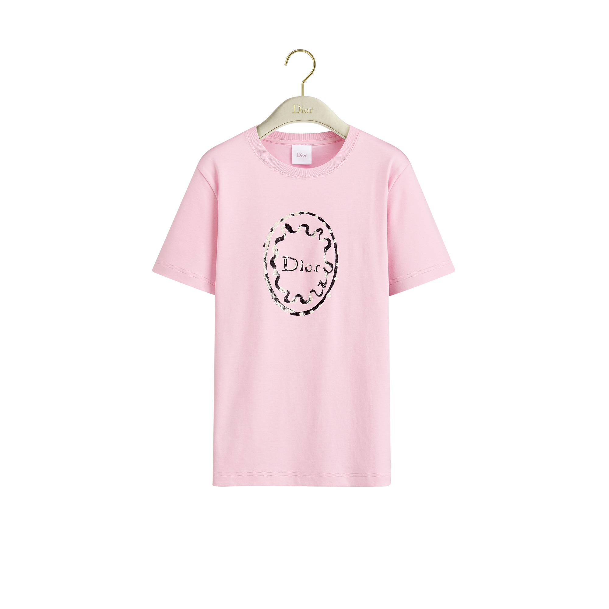  Baumwolljersey in Rosa mit gemaltem Dior Bandmotiv
