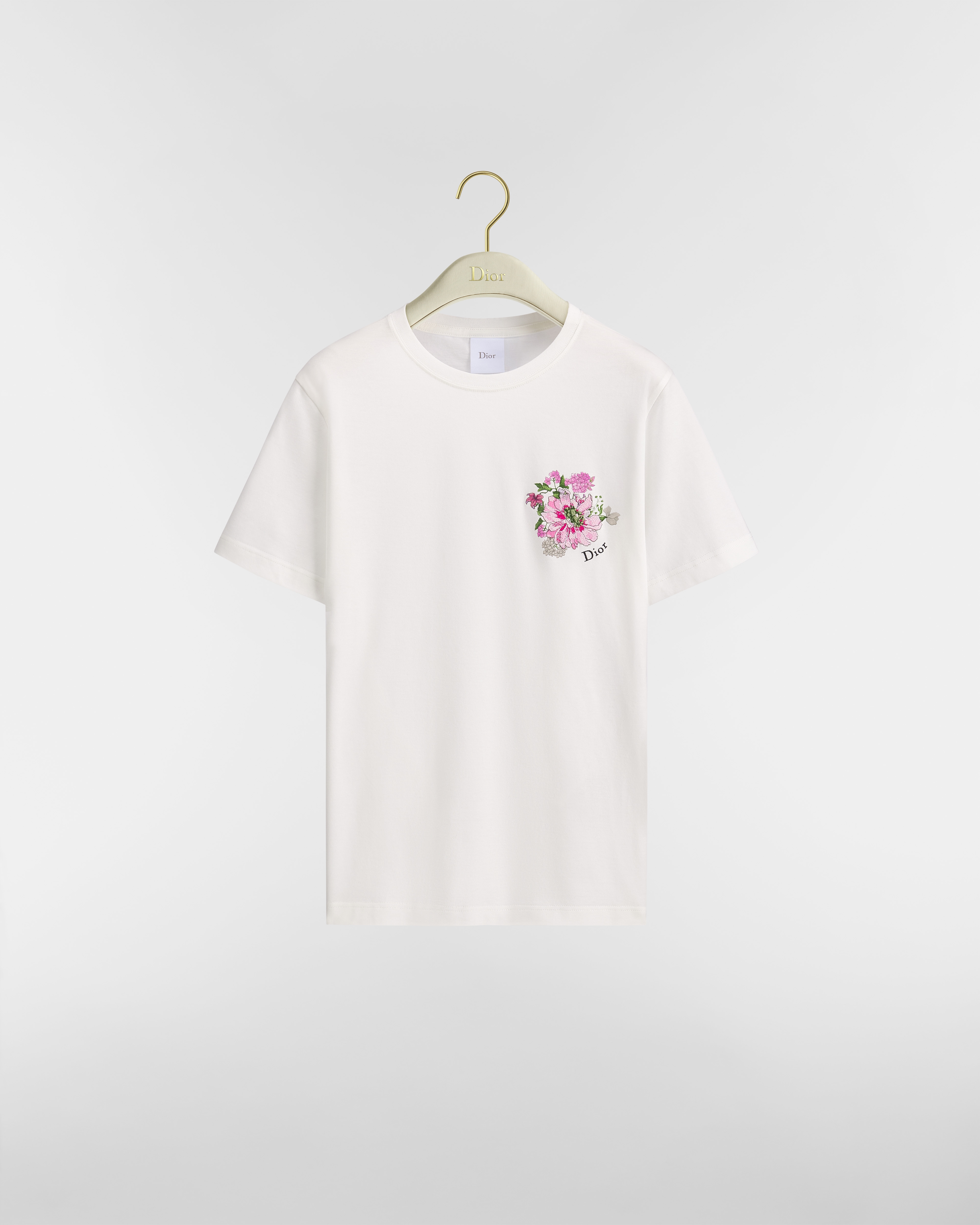 Geborduurd, nauwsluitend T-shirt Witte katoenjersey met veelkleurig Dior Hortensia Garden-motief E01