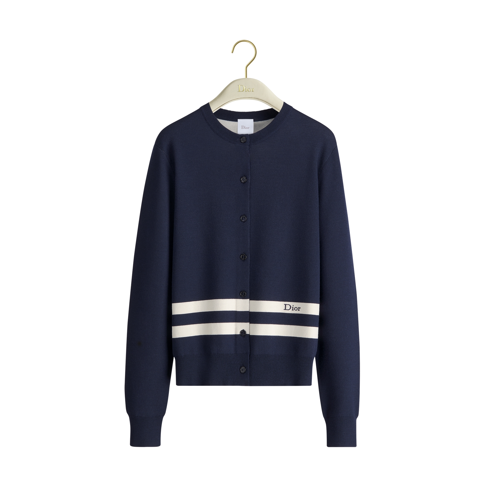 Cardigan Navy Blue and White D-Stripes Wool-Blend Jacquard E01
