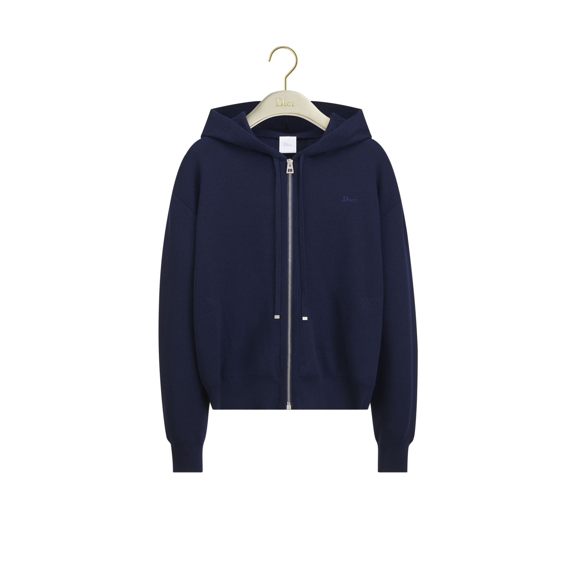 Dior Médaillon Zipped Cardigan with Hood Navy Blue Virgin Wool