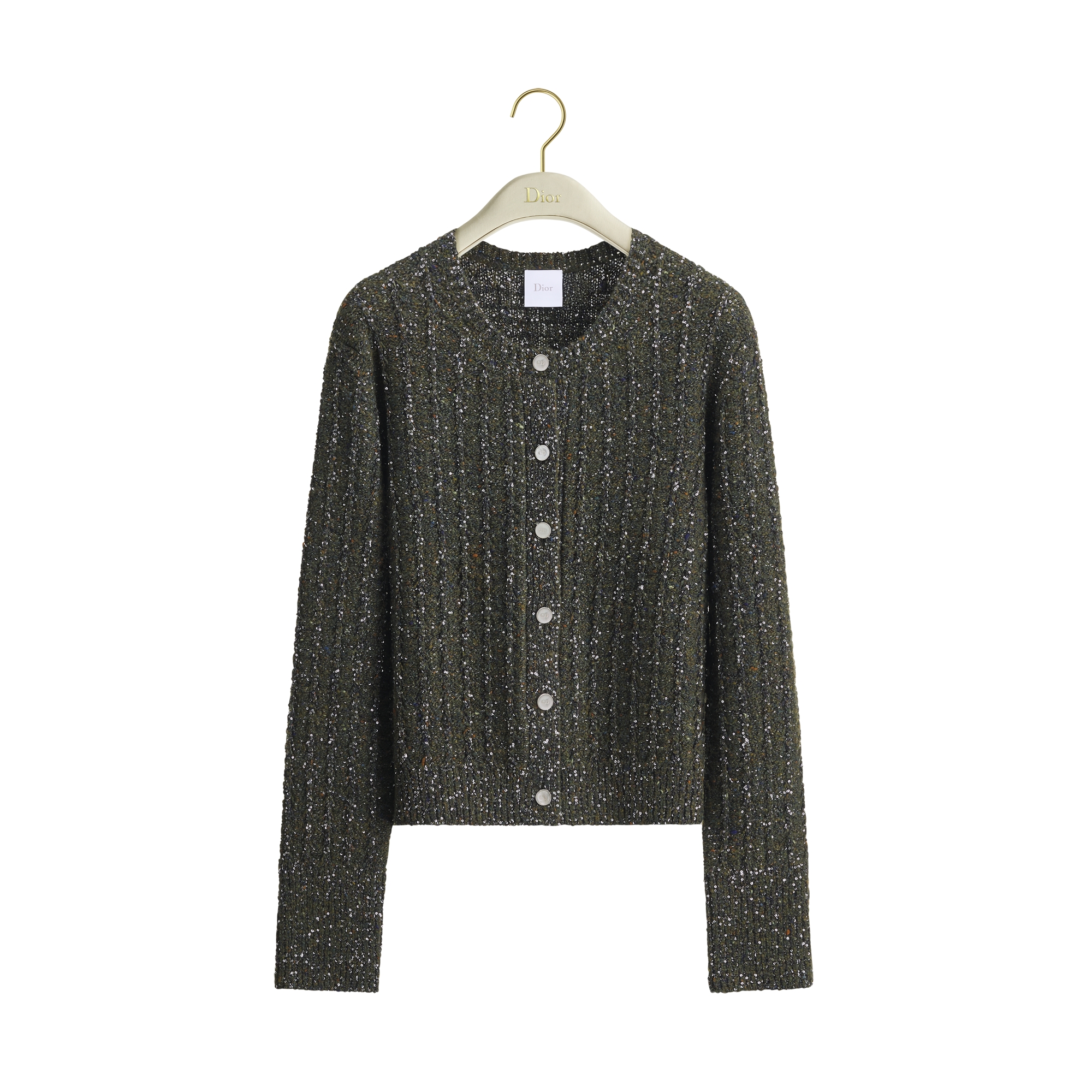 Cardigan Green Virgin Wool-Cashmere-Blend Tweed Embroidered with Sequins E01