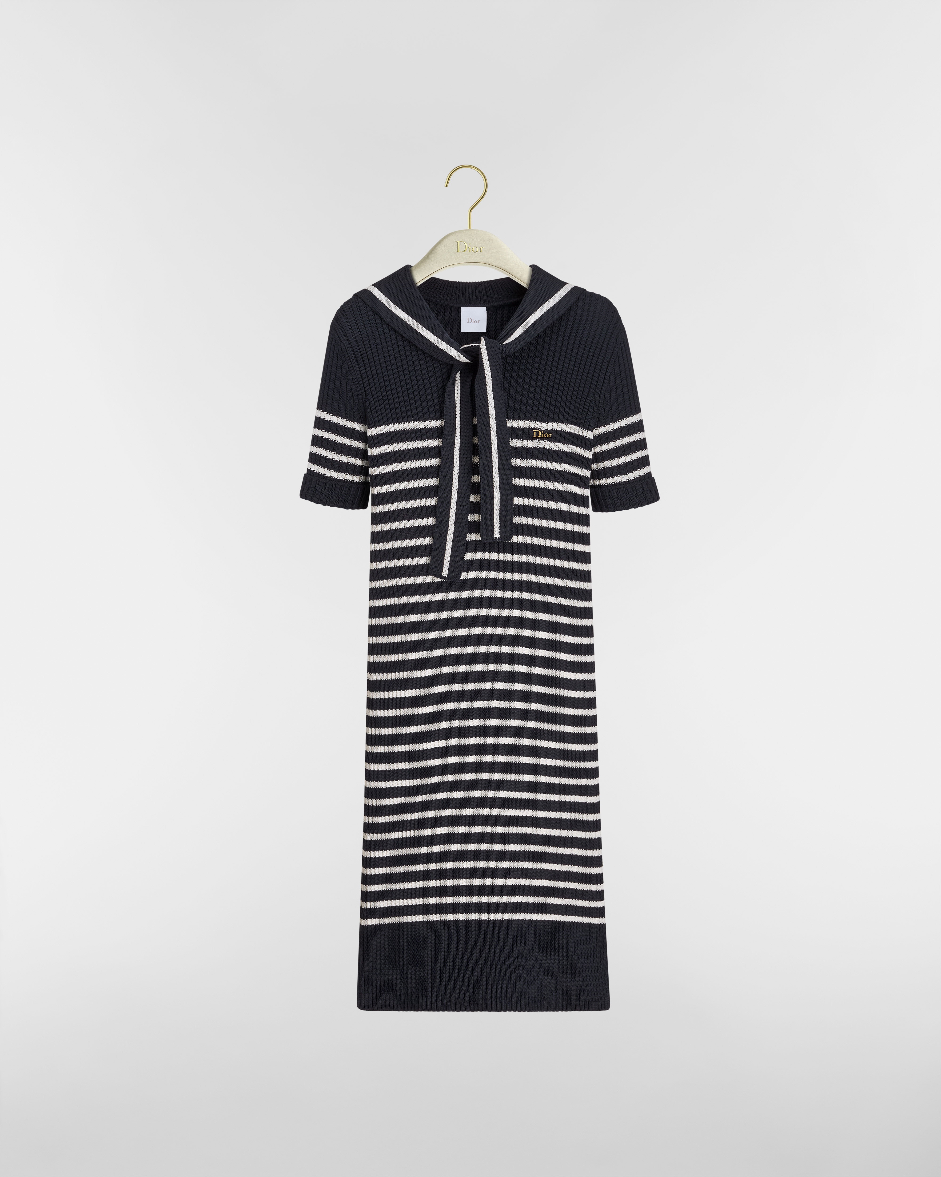 Vestido reto Dioriviera Dior Marinière com gola marinheiro Malha canelada de algodão azul-marinho e branca E01