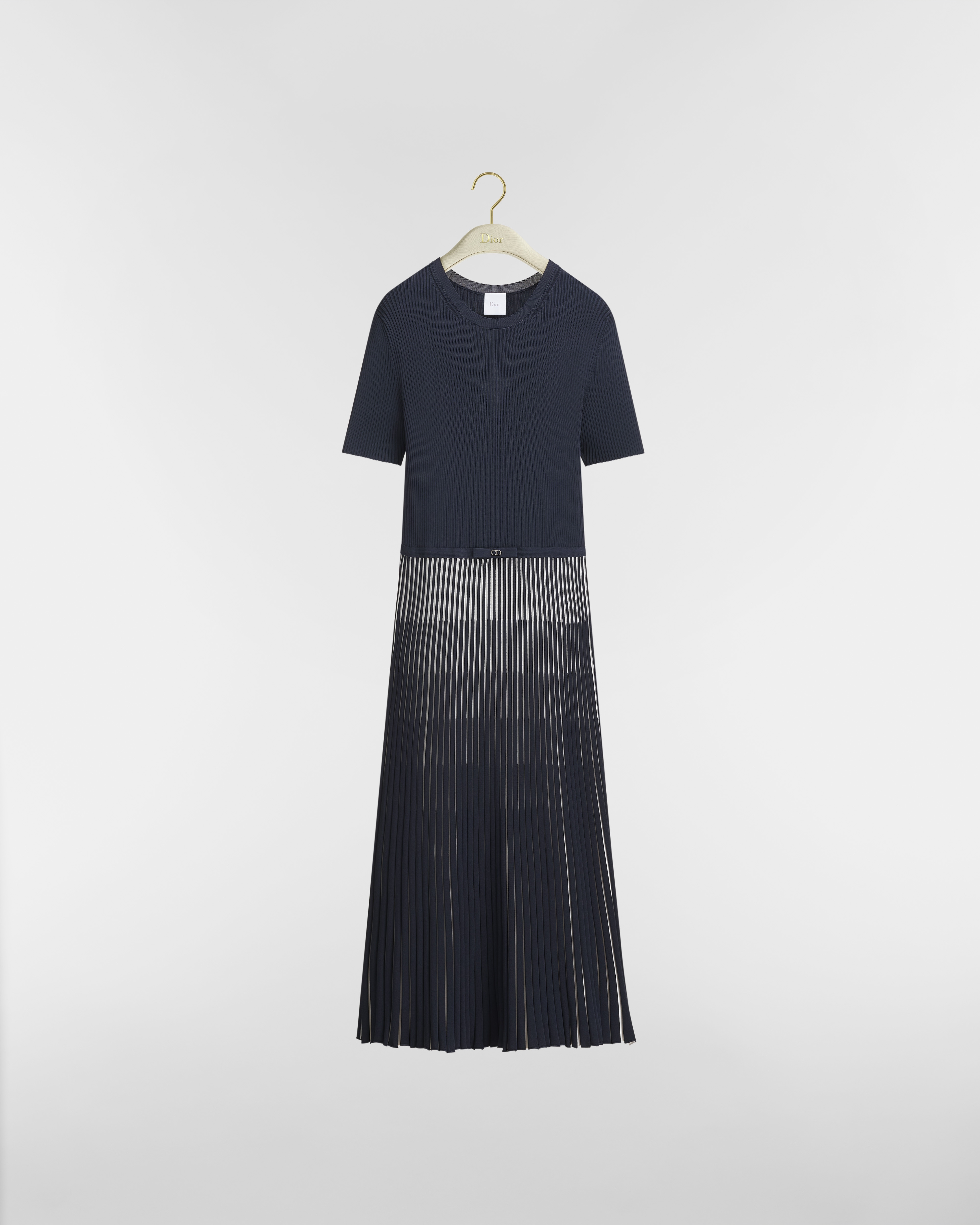 Robe mi-longue cintrée Dioriviera Maille technique à motif D-Stripes bleu marine et blanc E01