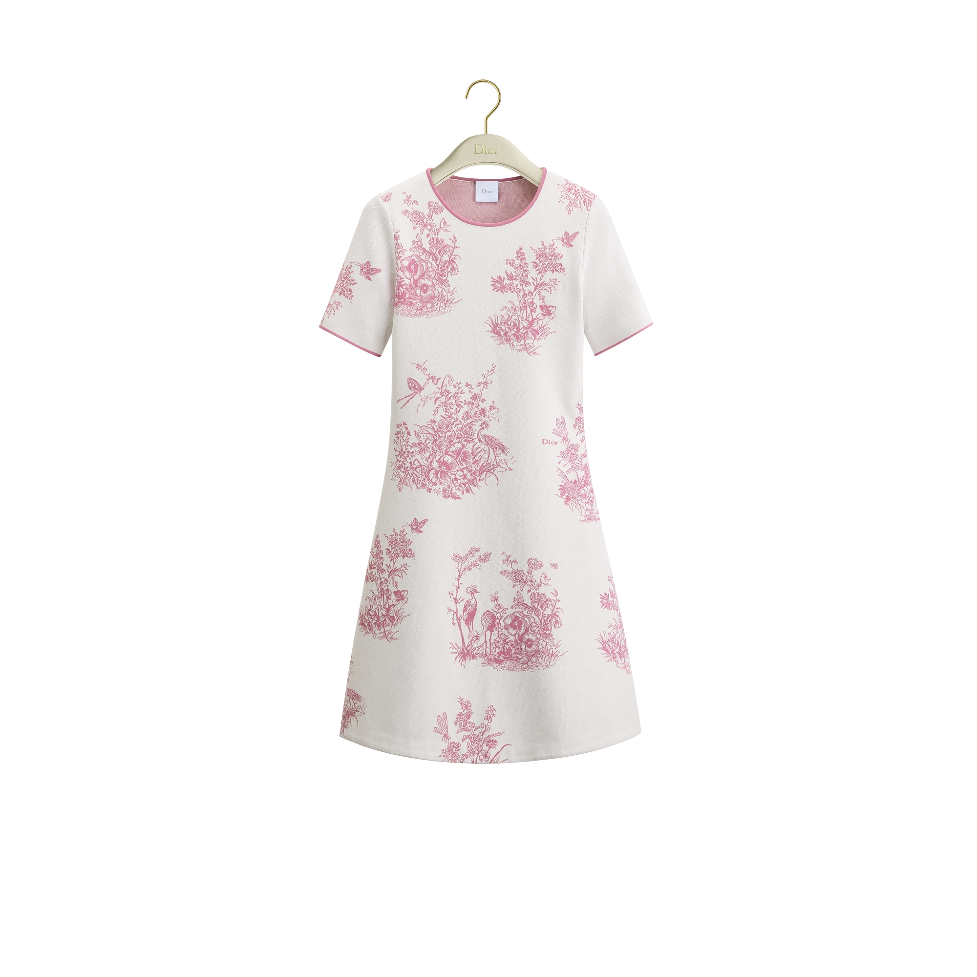 Dioriviera Short Flared Dress White and Pink Toile de Jouy Floral Garden Technical Mesh E01
