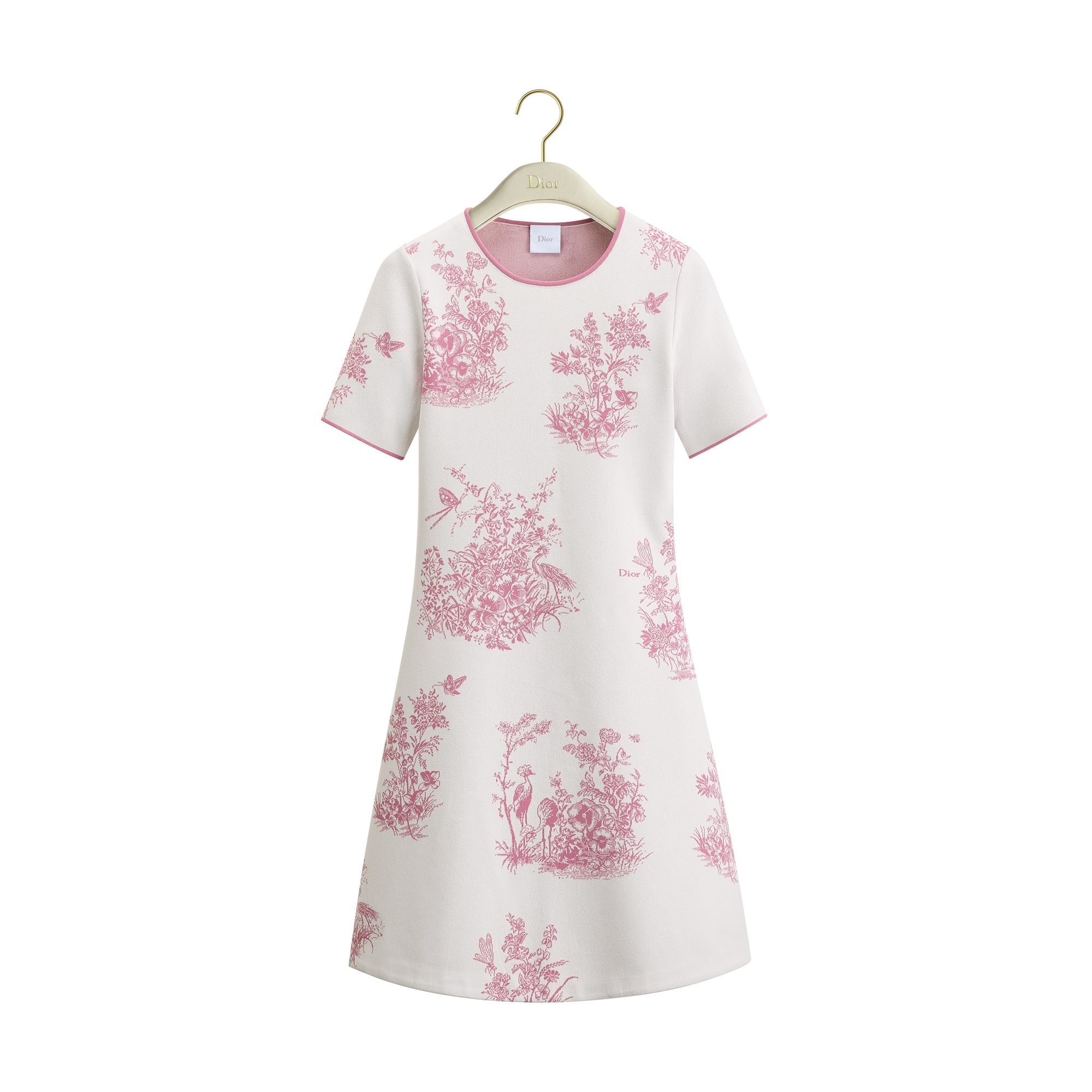 Dioriviera Short Flared Dress White and Pink Toile de Jouy Floral Garden Technical Mesh E01