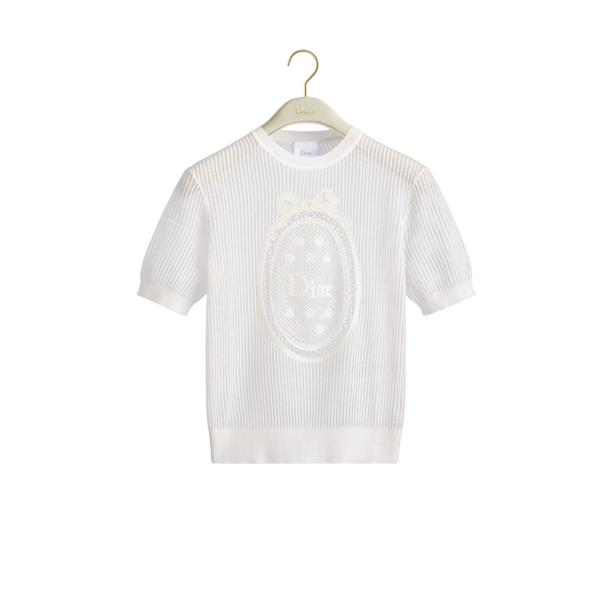 Dioriviera Dior Médaillon Short-Sleeved Sweater White Openwork Cotton Knit E01