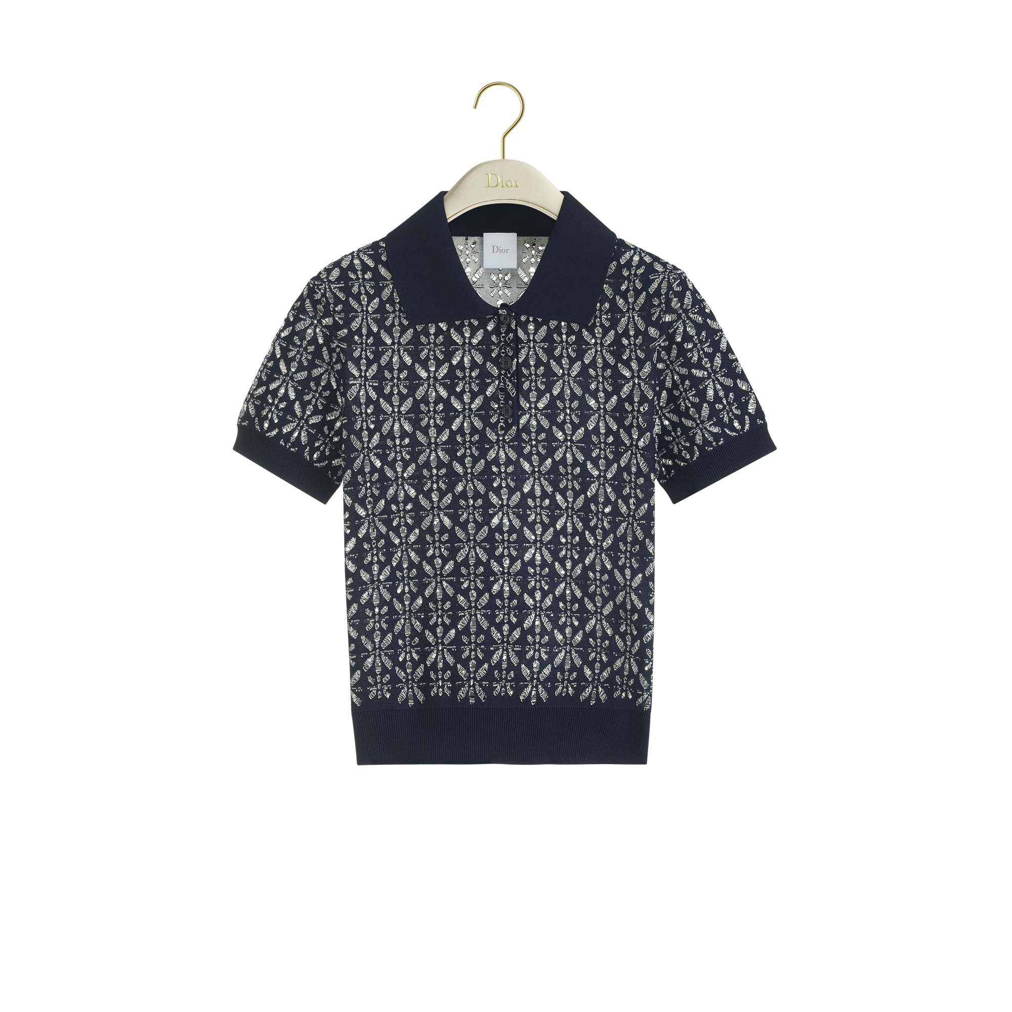 Dioriviera Short-Sleeved Sweater Navy Blue Floral Openwork Cotton