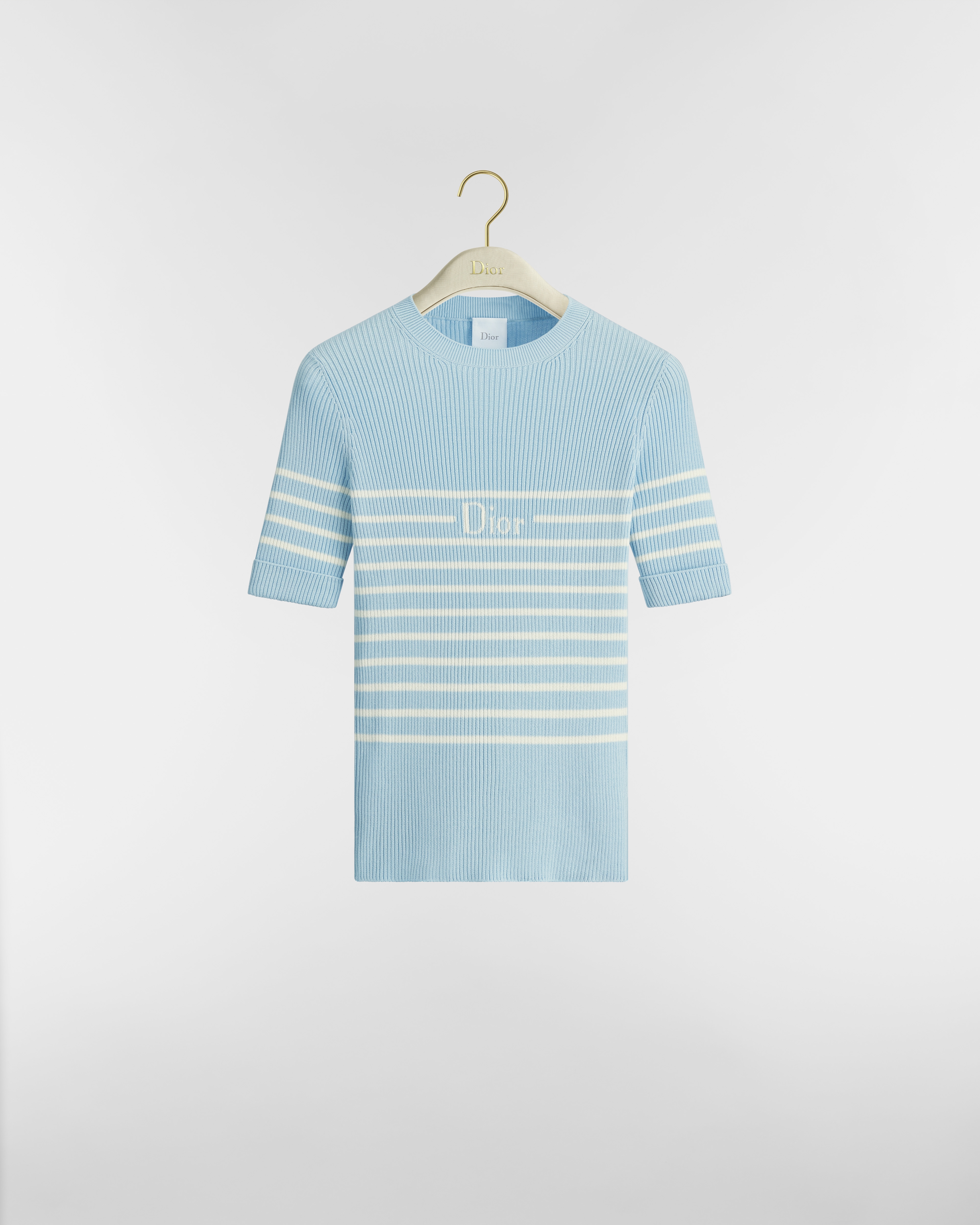Dioriviera Short-Sleeved Fitted Sweater Sky Blue and White D-Stripes Ribbed Cotton Knit E01