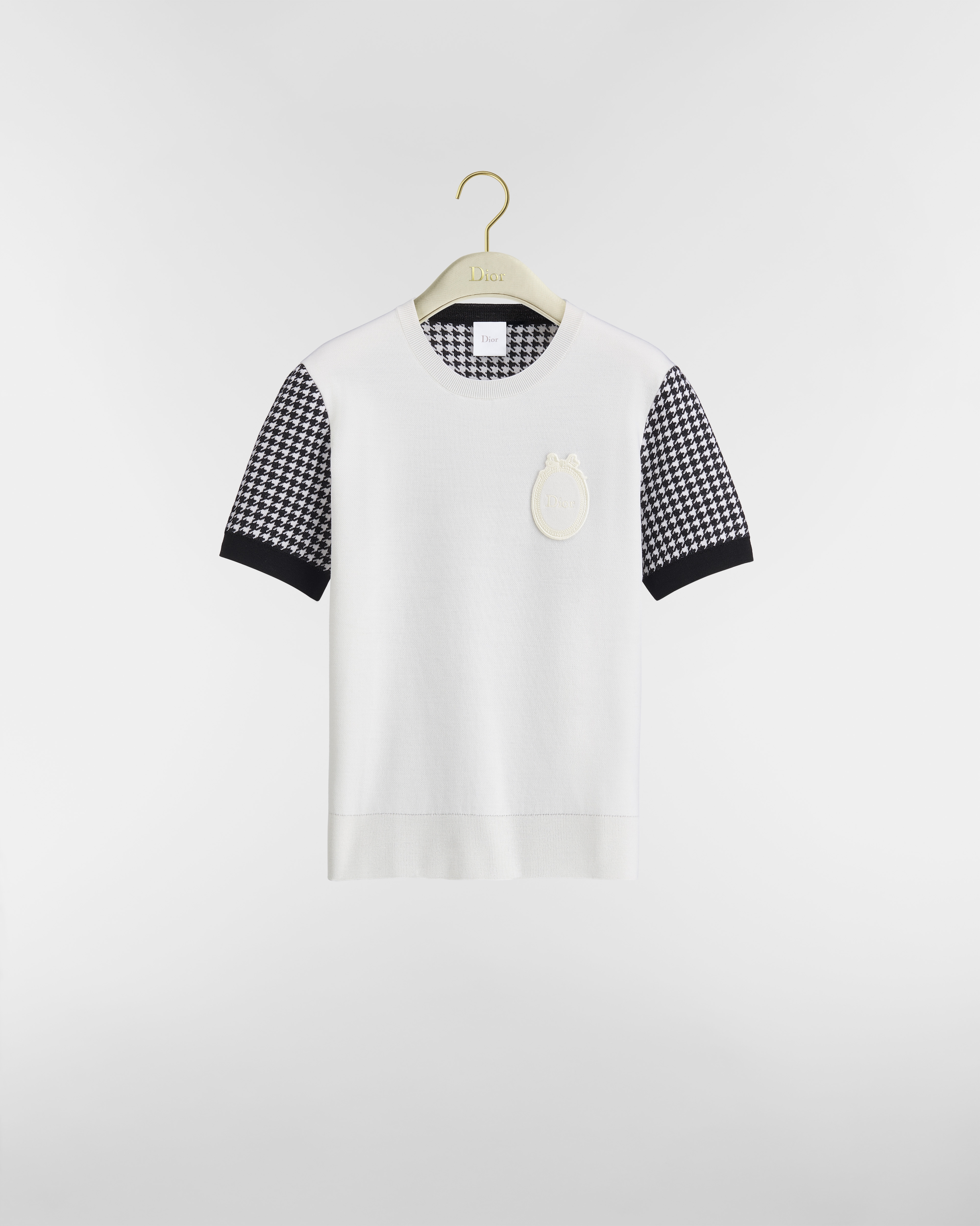 Pull à manches courtes Dior Médaillon Maille de laine vierge mélangée à motif pied-de-poule noir et blanc E01