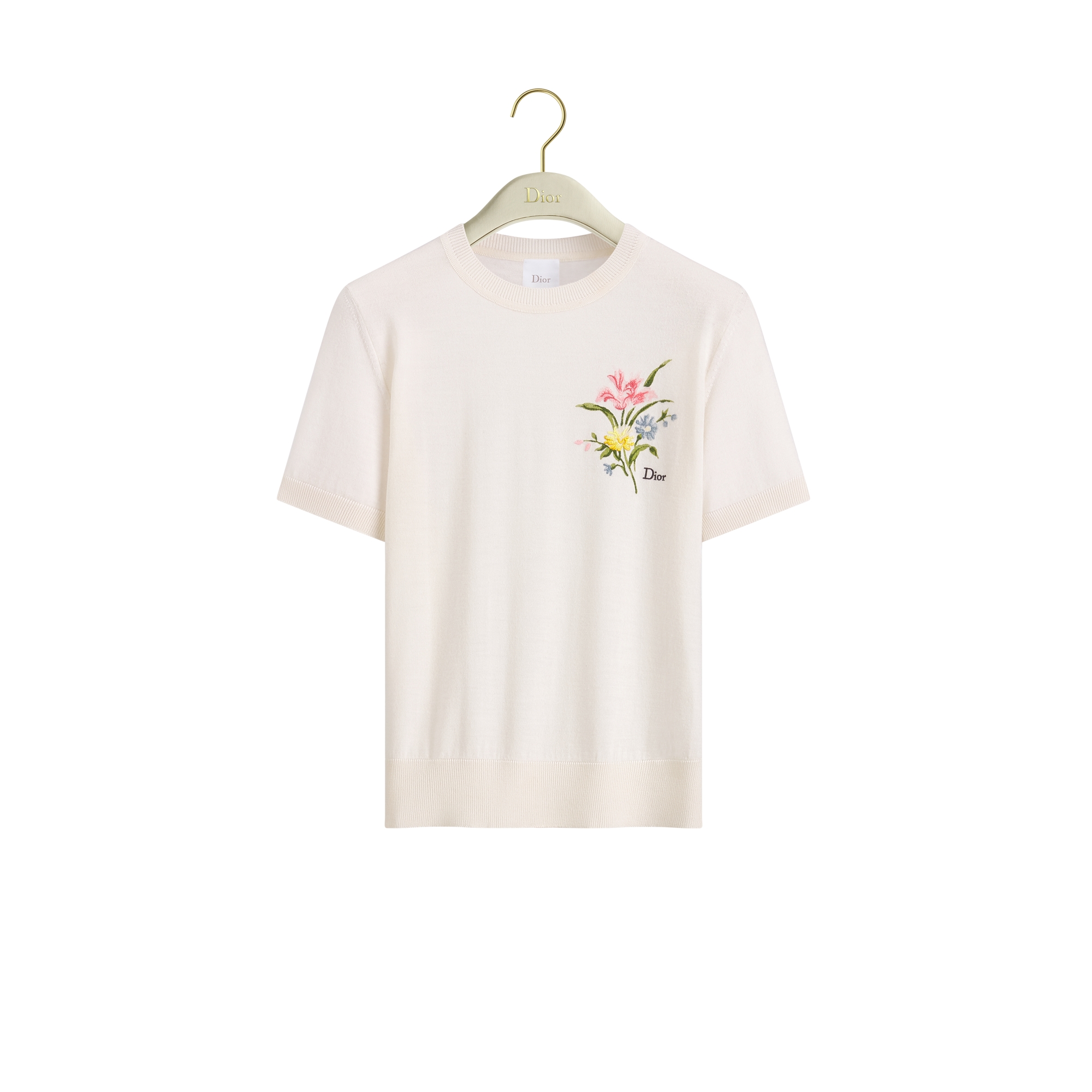 Short-Sleeved Embroidered Sweater Ecru Virgin Wool and Silk Knit