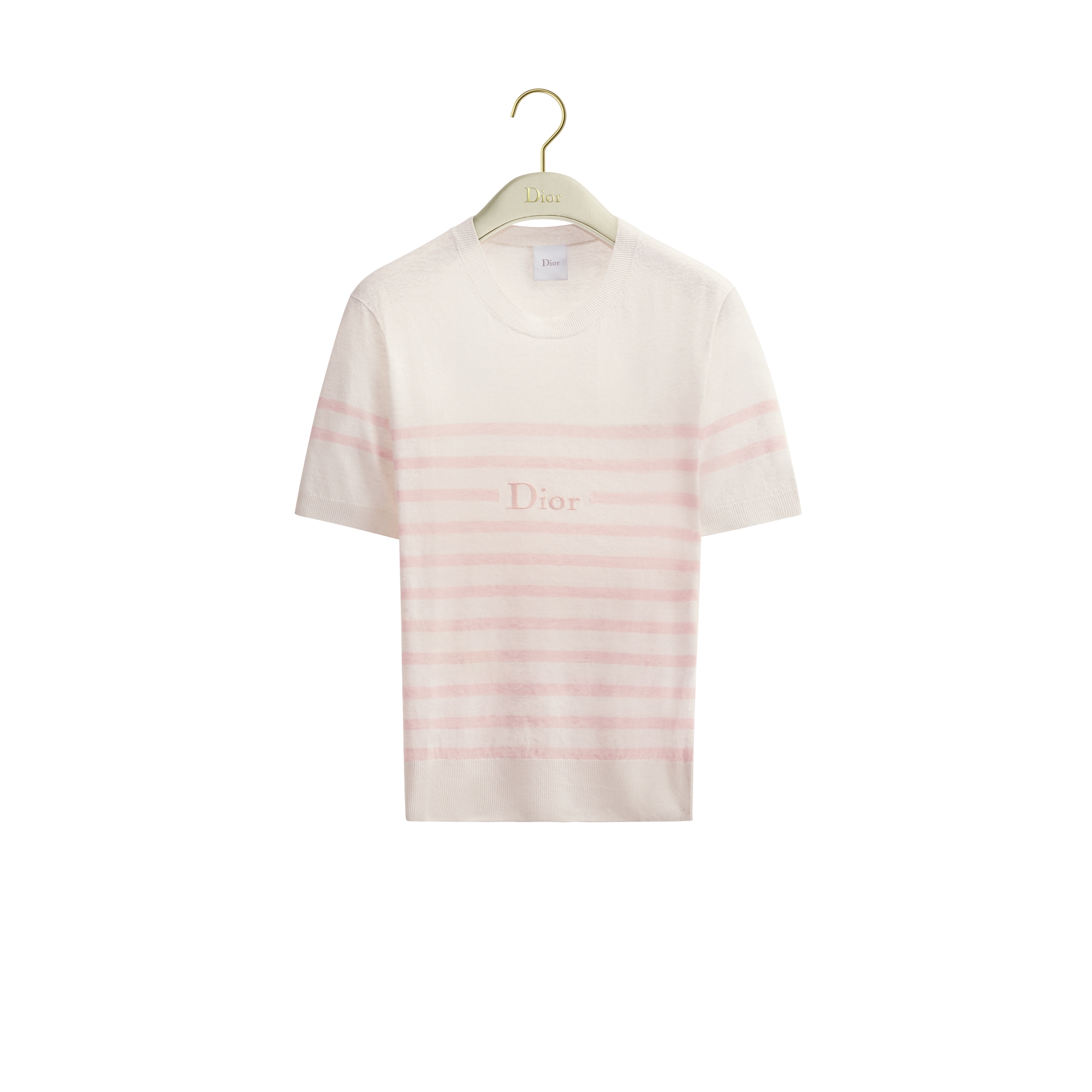 Dioriviera Short-Sleeved Sweater White and Pink D-Stripes Linen, Cashmere and Silk Knit E01