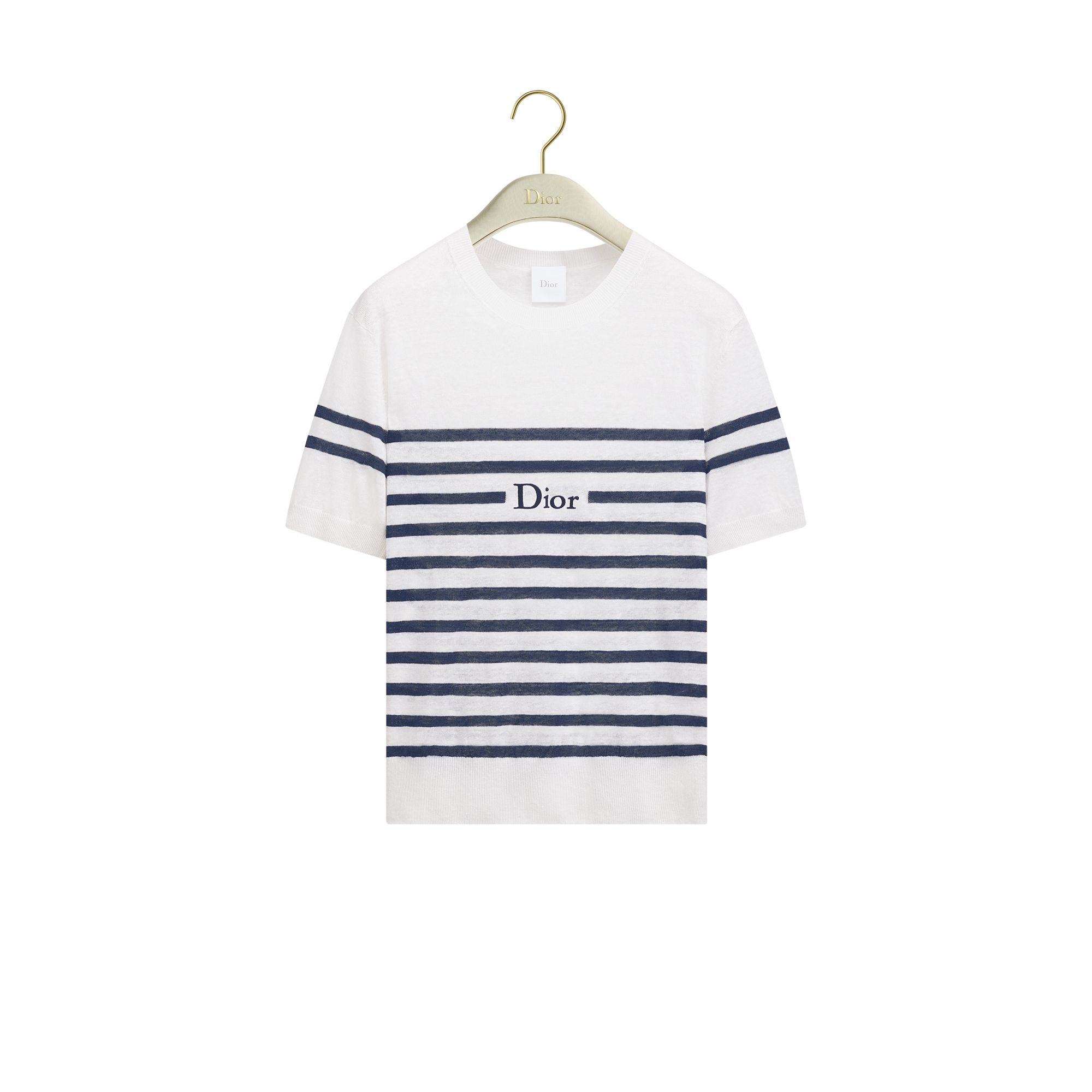 Dioriviera Short-Sleeved Sweater Ecru and Navy Blue D-Stripes Linen, Cashmere and Silk Knit E01