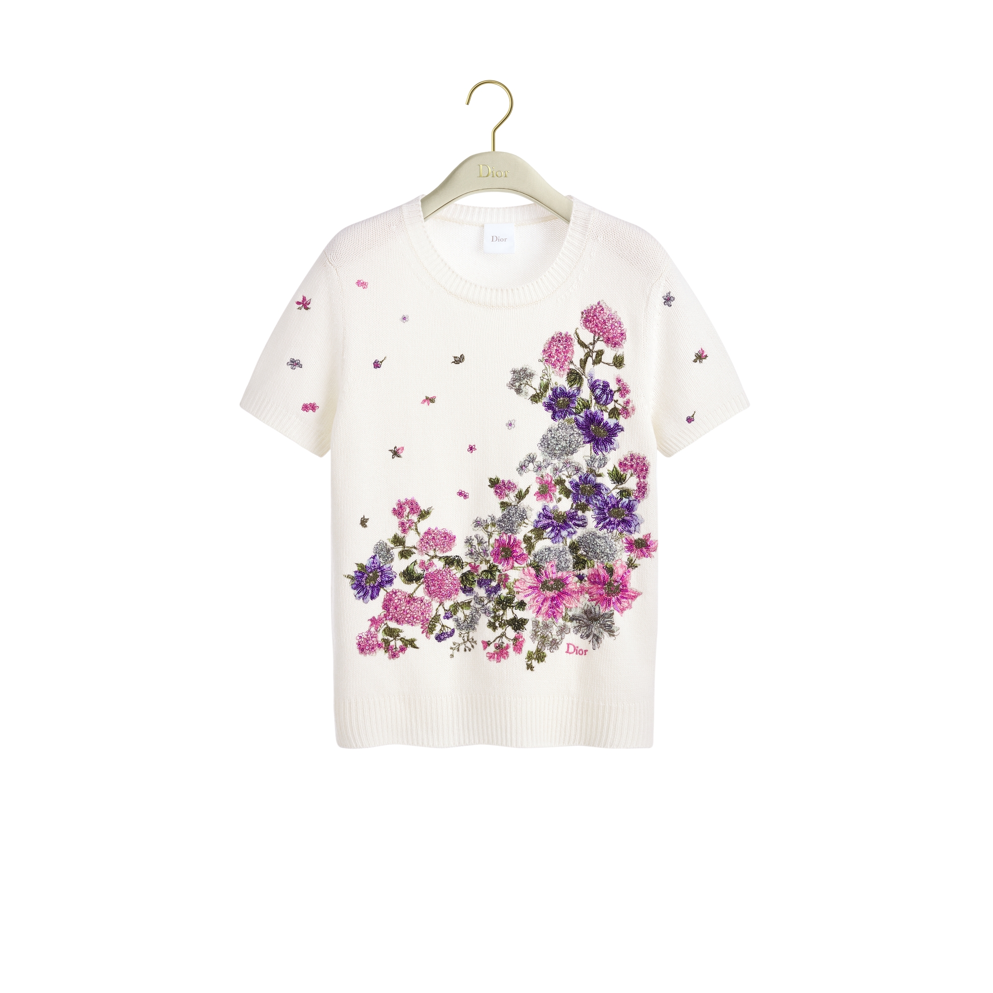 Short-Sleeved Embroidered Sweater Ecru Cashmere Knit with Multicolor Dior Hortensia Garden Motif E01