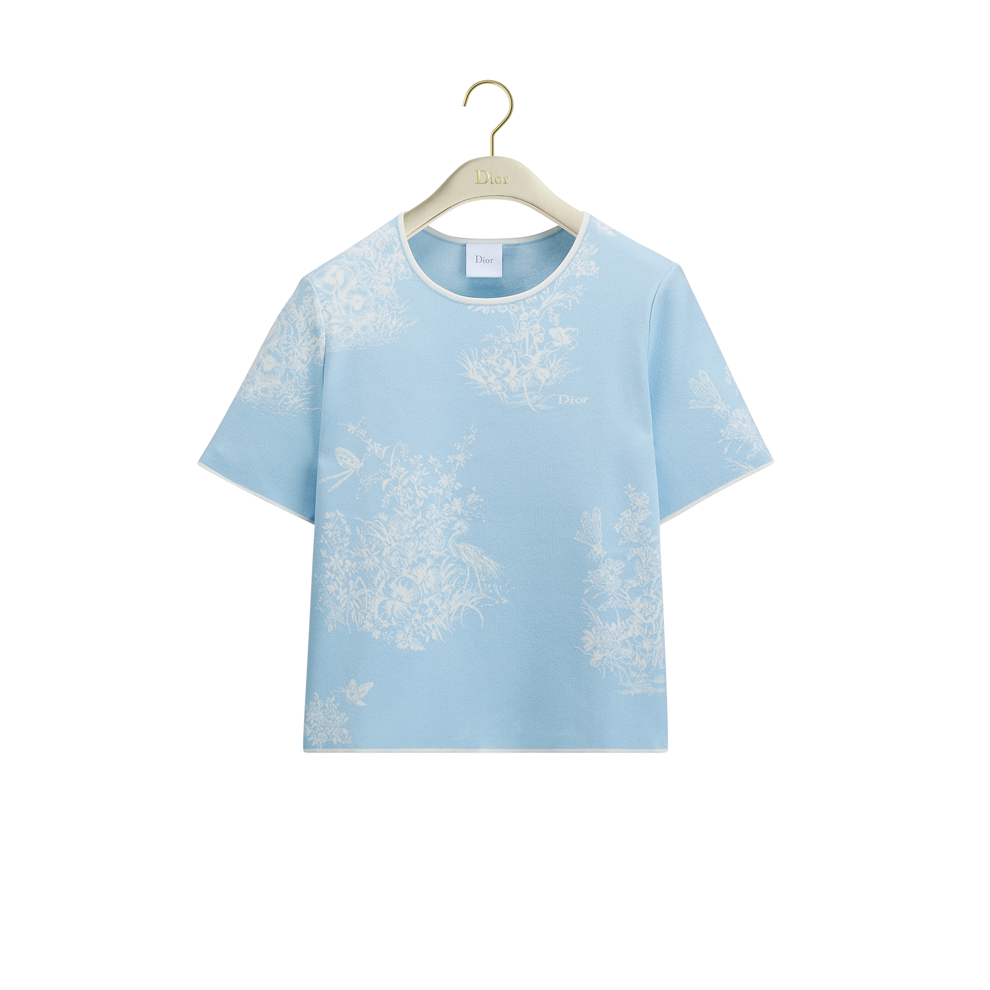 Dioriviera Short-Sleeved Sweater Blue and White Toile de Jouy Floral Garden Technical Knit E01