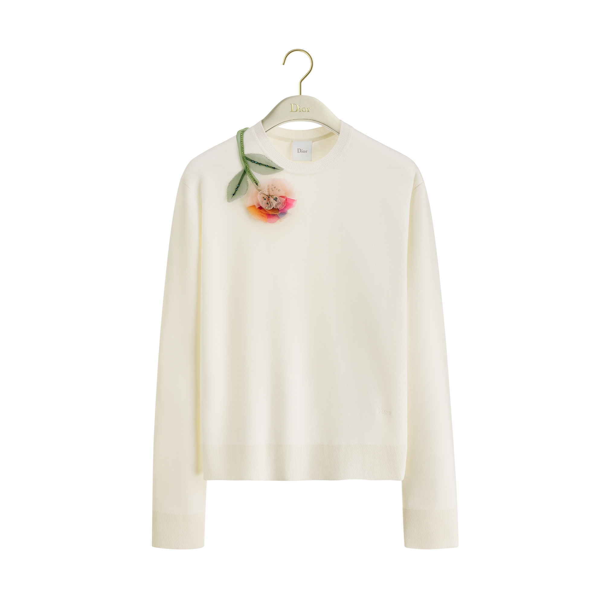 Embroidered Sweater Ecru Virgin Wool-Blend Knit E01