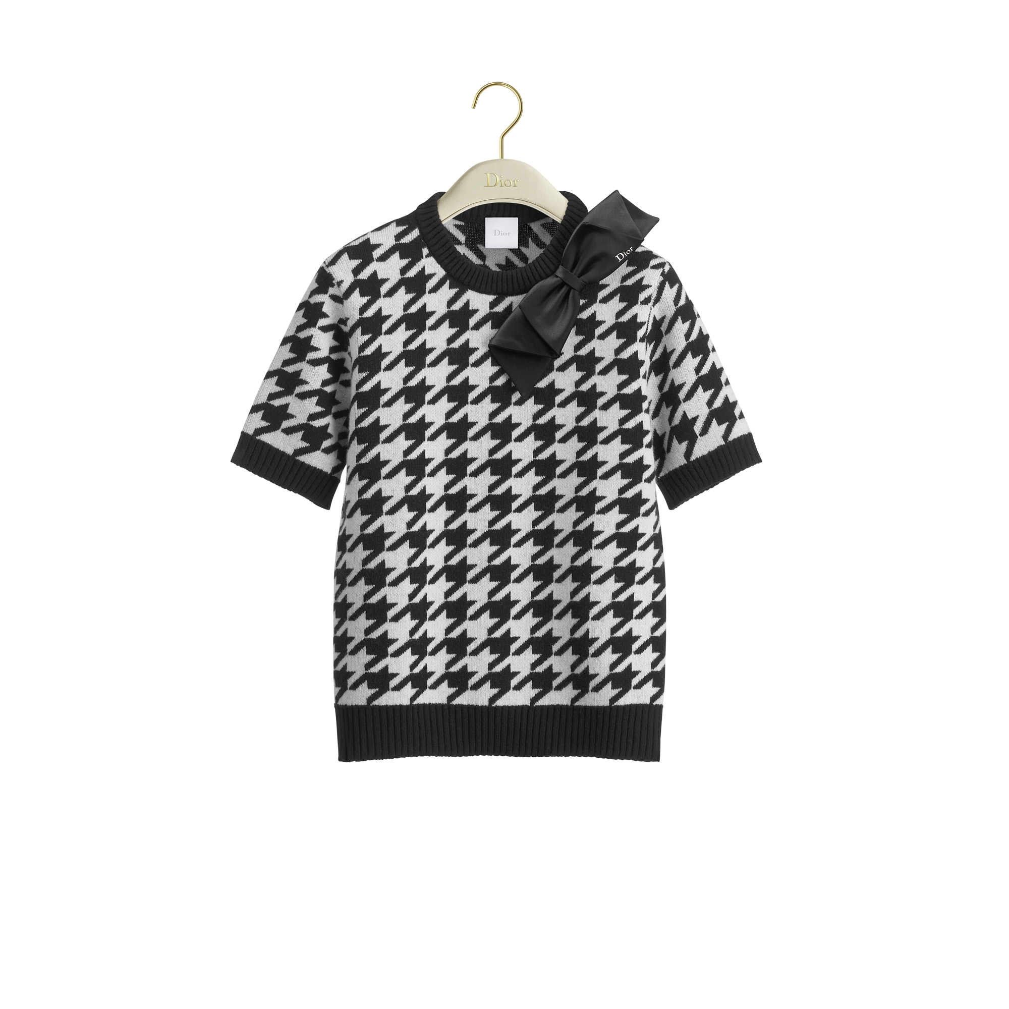 Short-Sleeved Sweater Black and White Houndstooth Wool-Cashmere