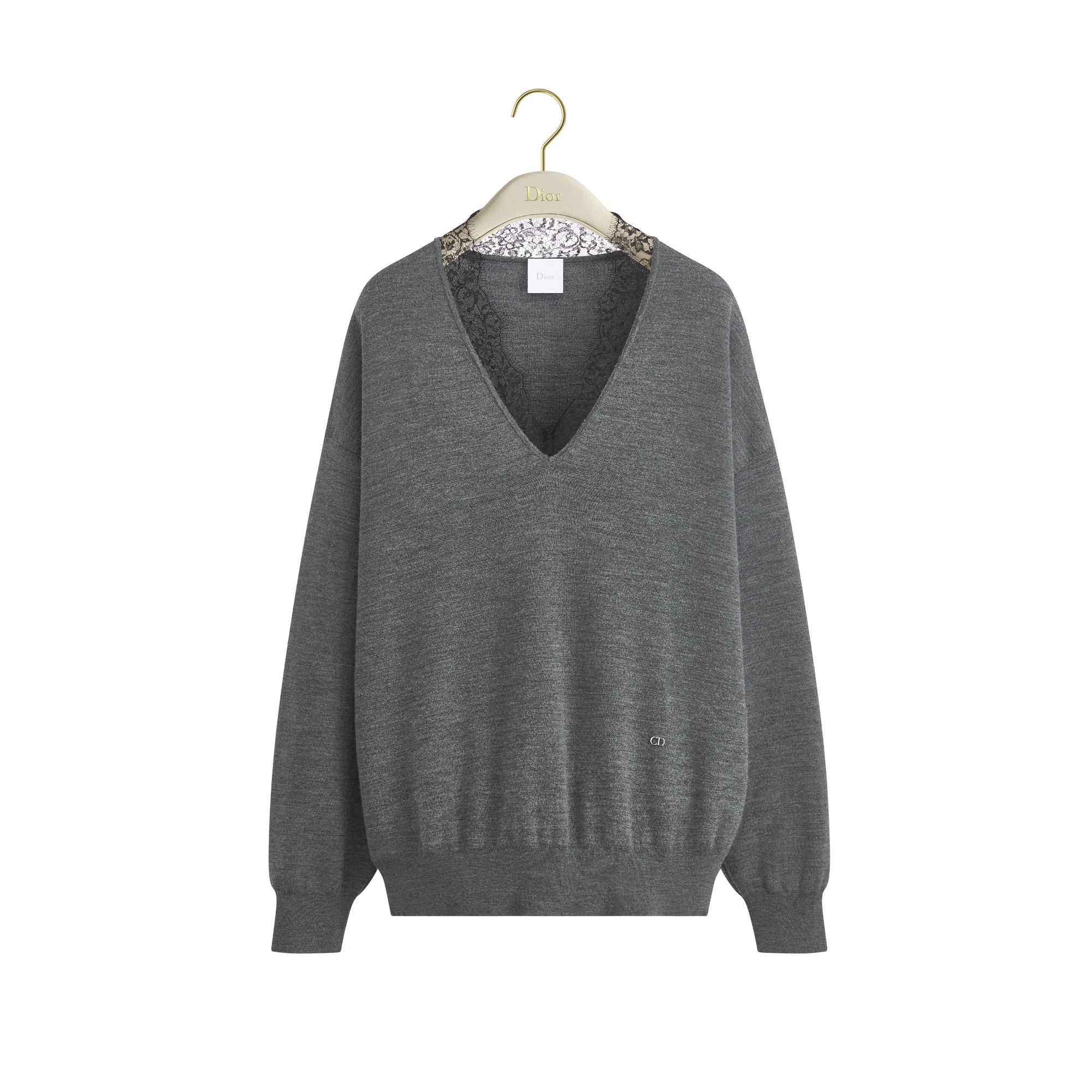  Maille de laine vierge mélangée grise et dentelle noire