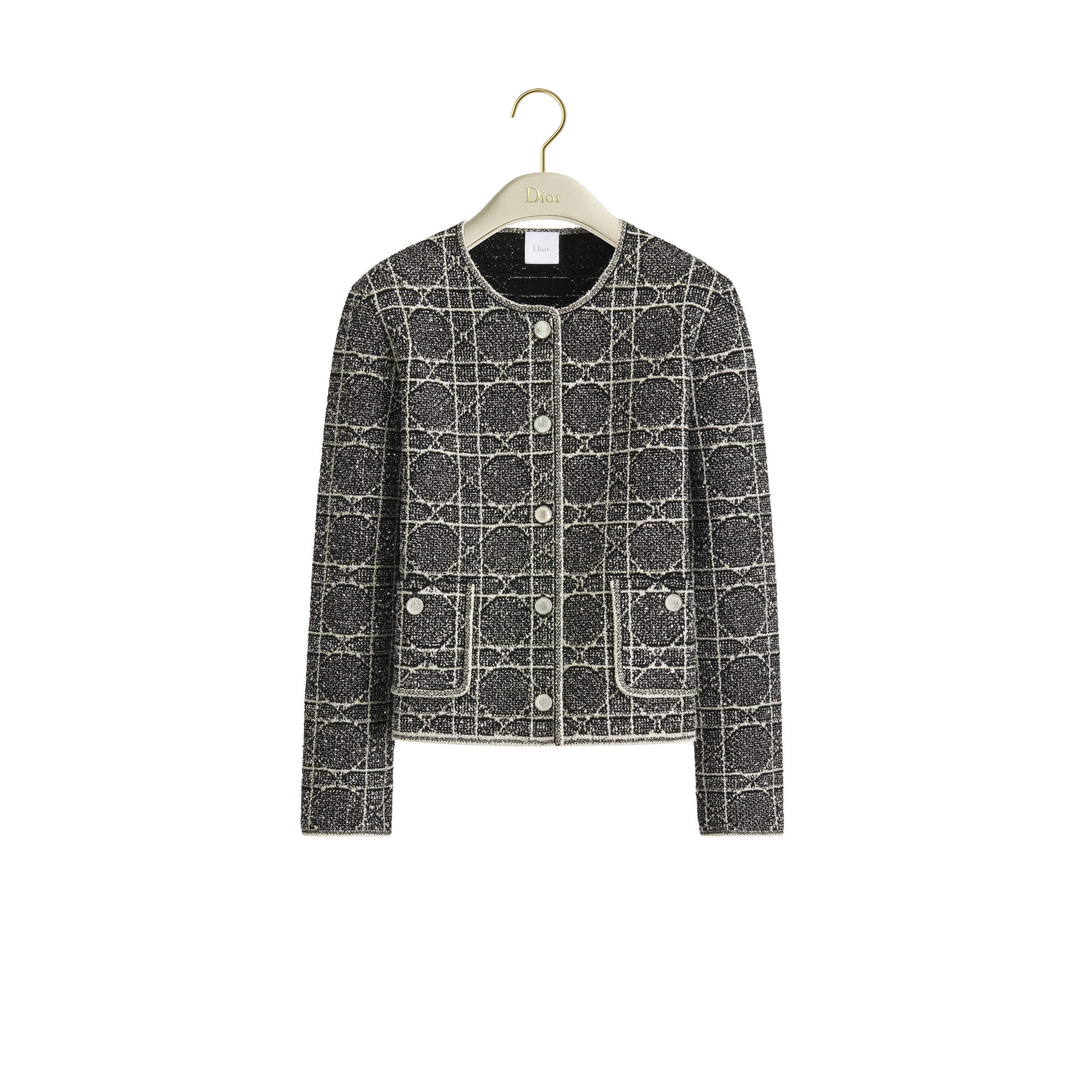 Macrocannage Cropped Jacket Black and White Cotton-Blend Tweed