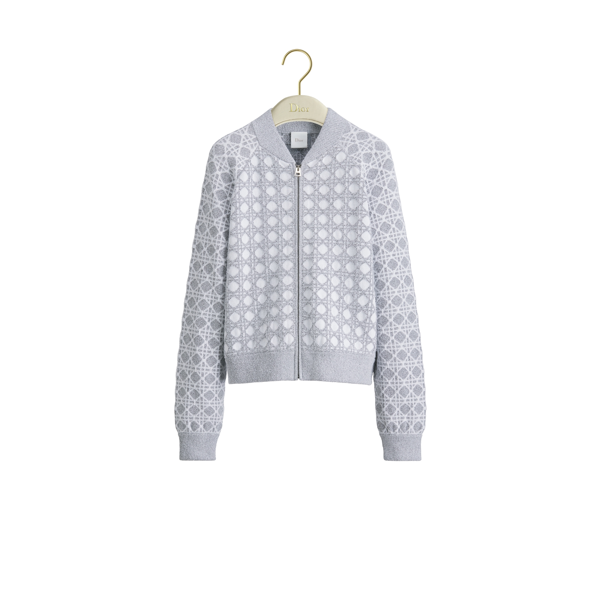 Macrocannage Bomber Jacket White and Gray Cotton-Blend Bouclé Knit