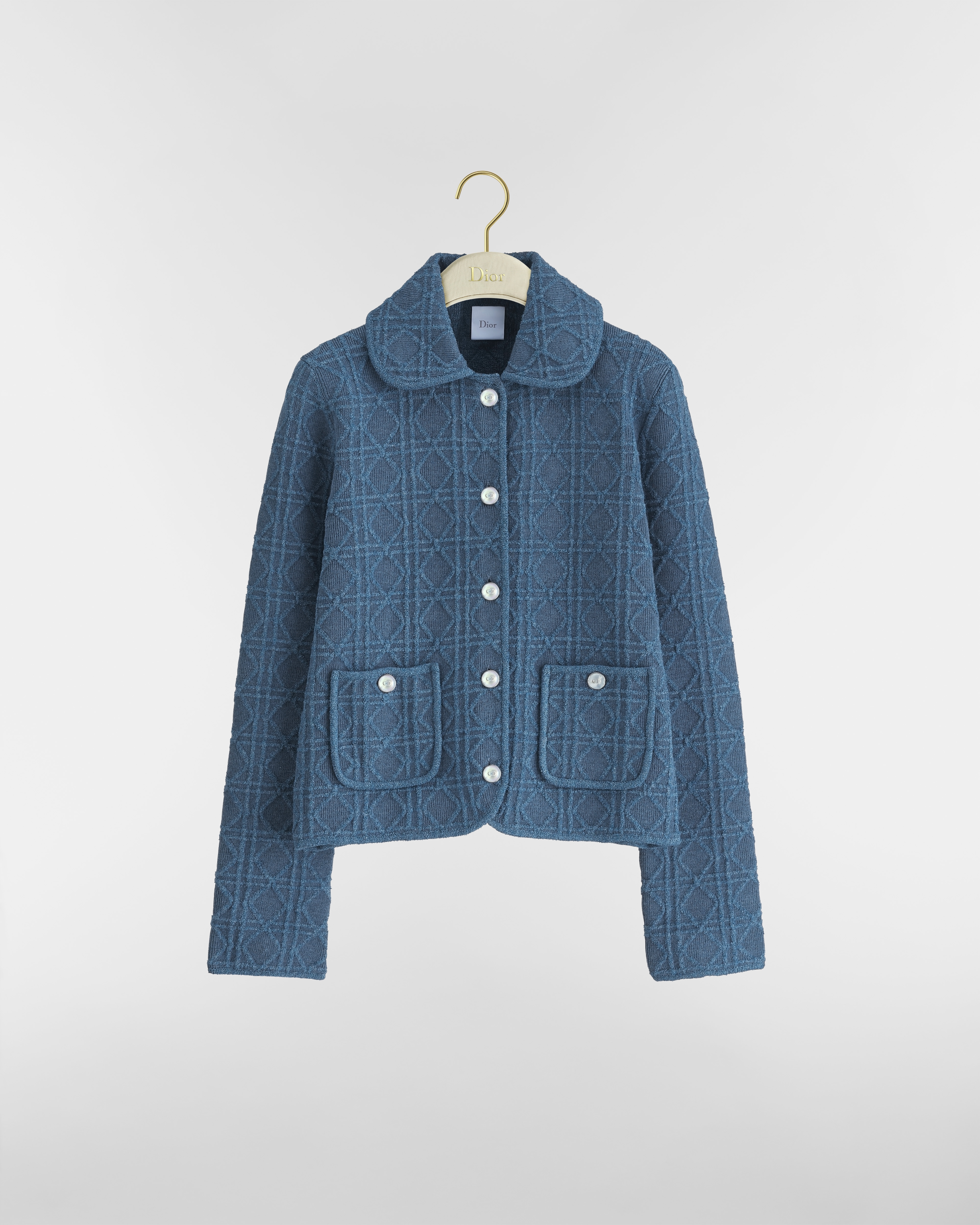Veste droite Macrocannage Maille de coton bouclette mélangé bleu E01