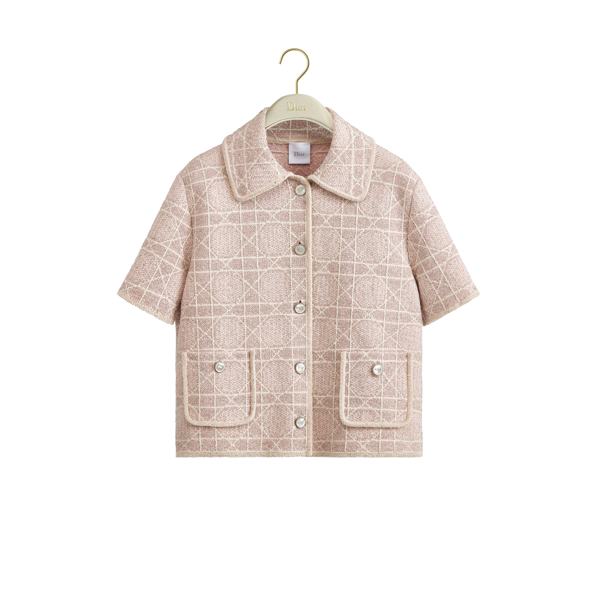 Macrocannage Short-Sleeved Jacket Pink Cotton-Blend Tweed Embroidered with Sequins E01