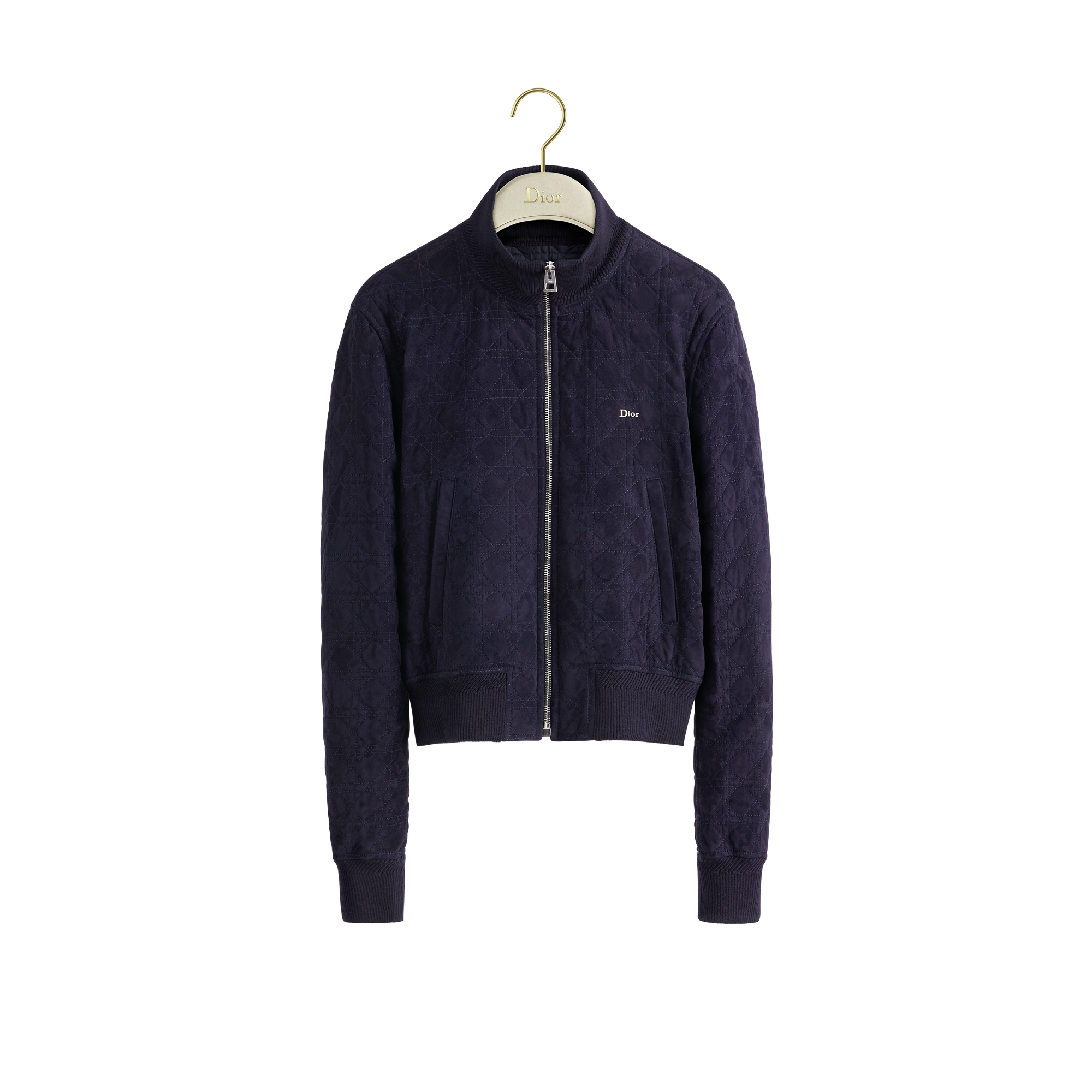 Zipped Cropped Macrocannage Jacket Navy Blue Suede Lambskin E01