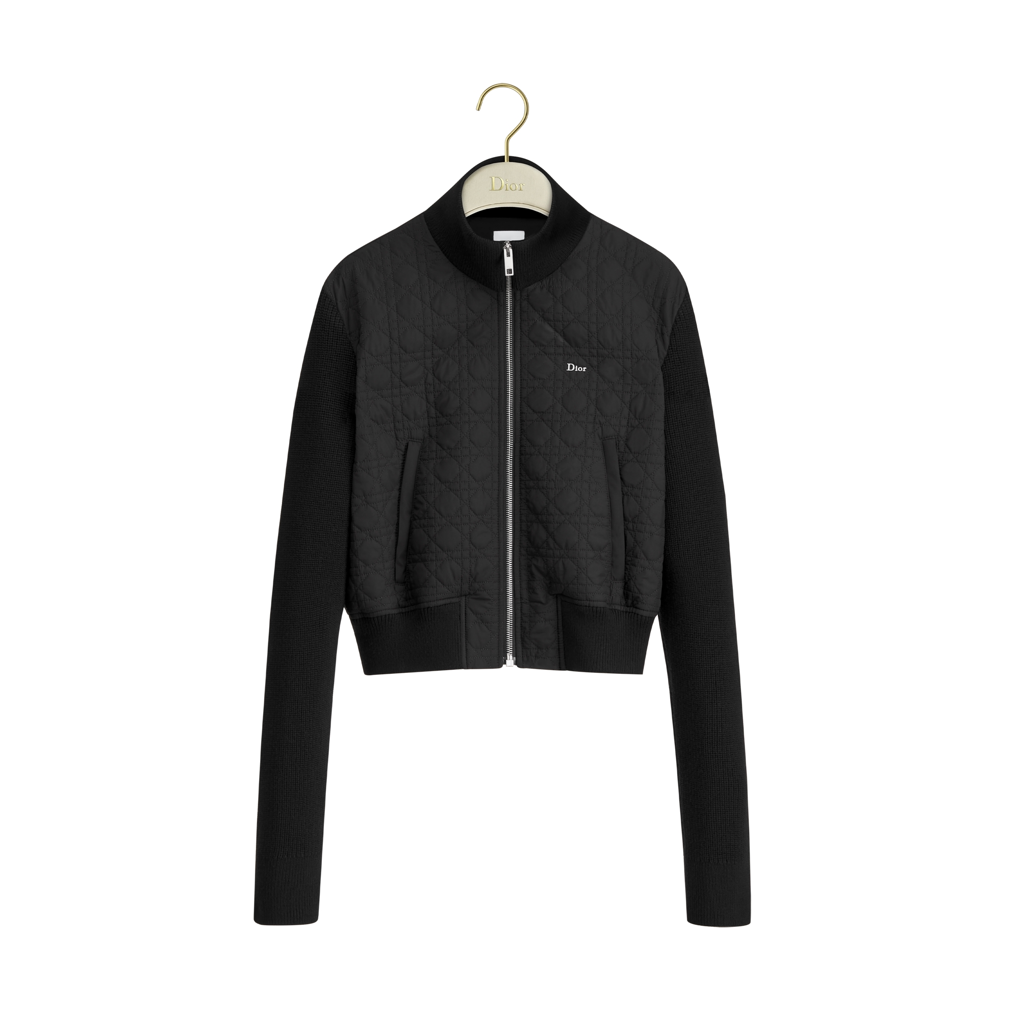 Zipped Cropped Macrocannage Jacket Black Quilted Technical Taffeta