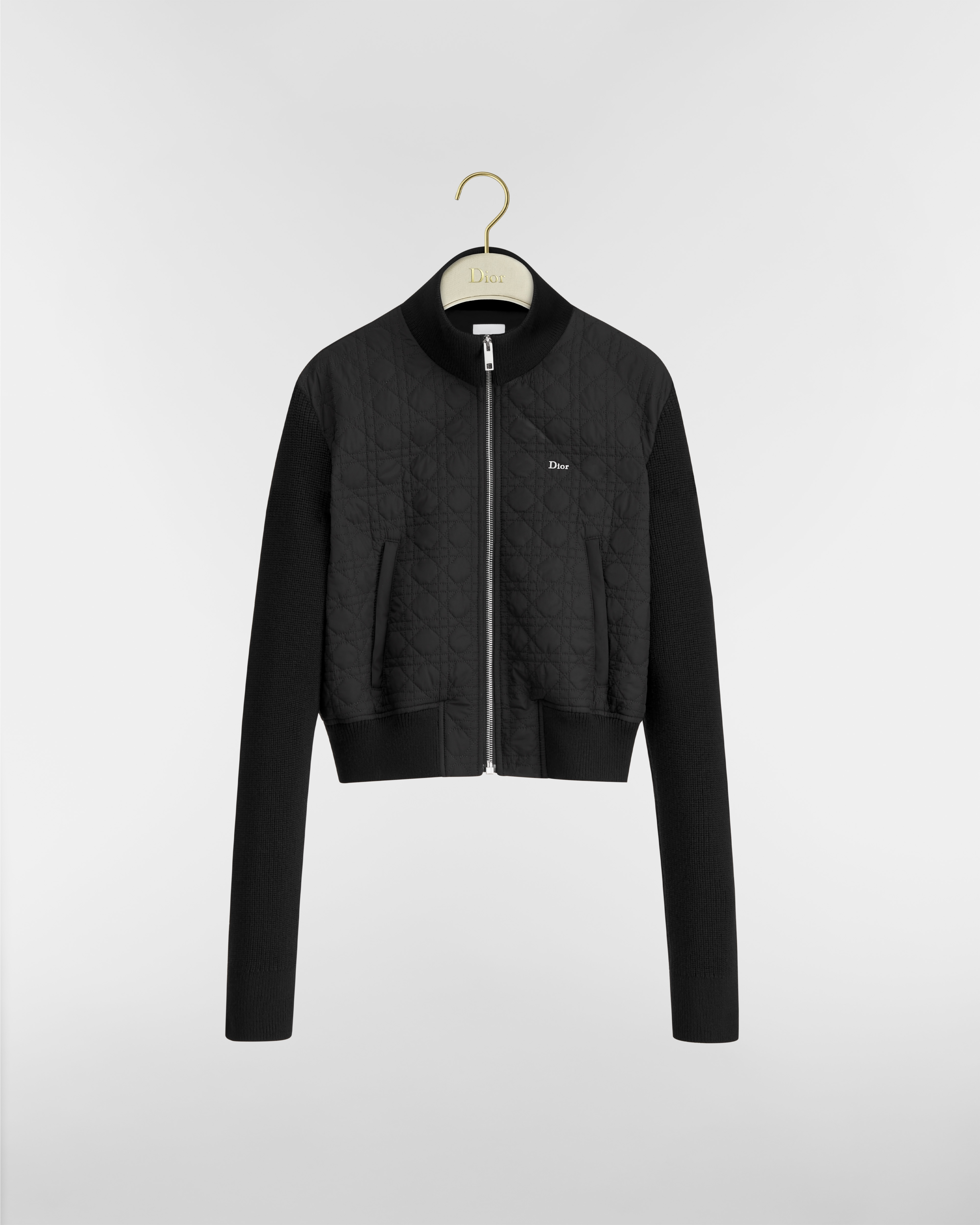 Kort jasje met rits en Macrocannage-motief Zwarte, doorgestikte technische taf E01