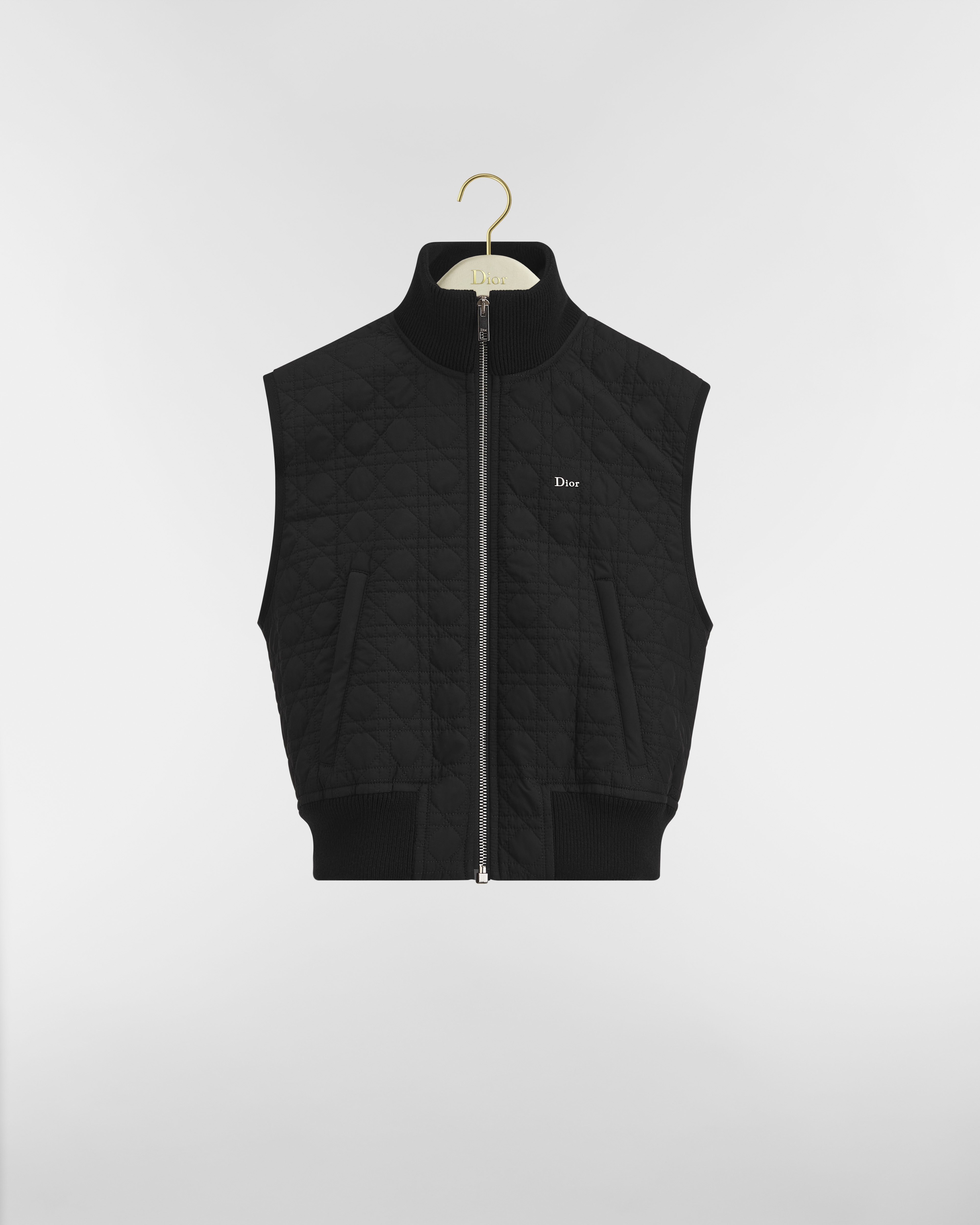 Zipped Macrocannage Vest Black Quilted Technical Taffeta E01