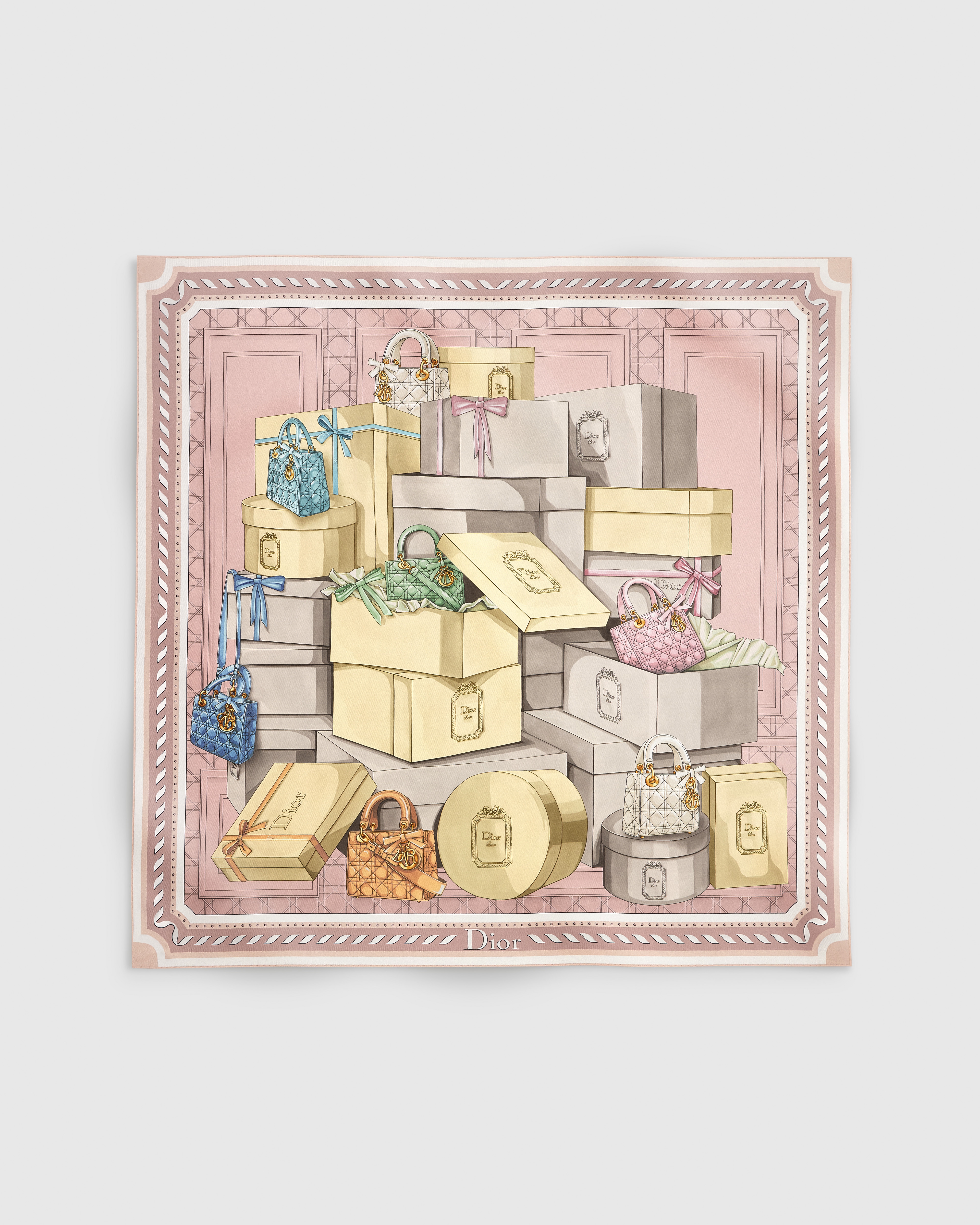 Vierkante sjaal met Dior Treasures-motief (90 x 90 cm) Roze, veelkleurige zijden keperstof E01
