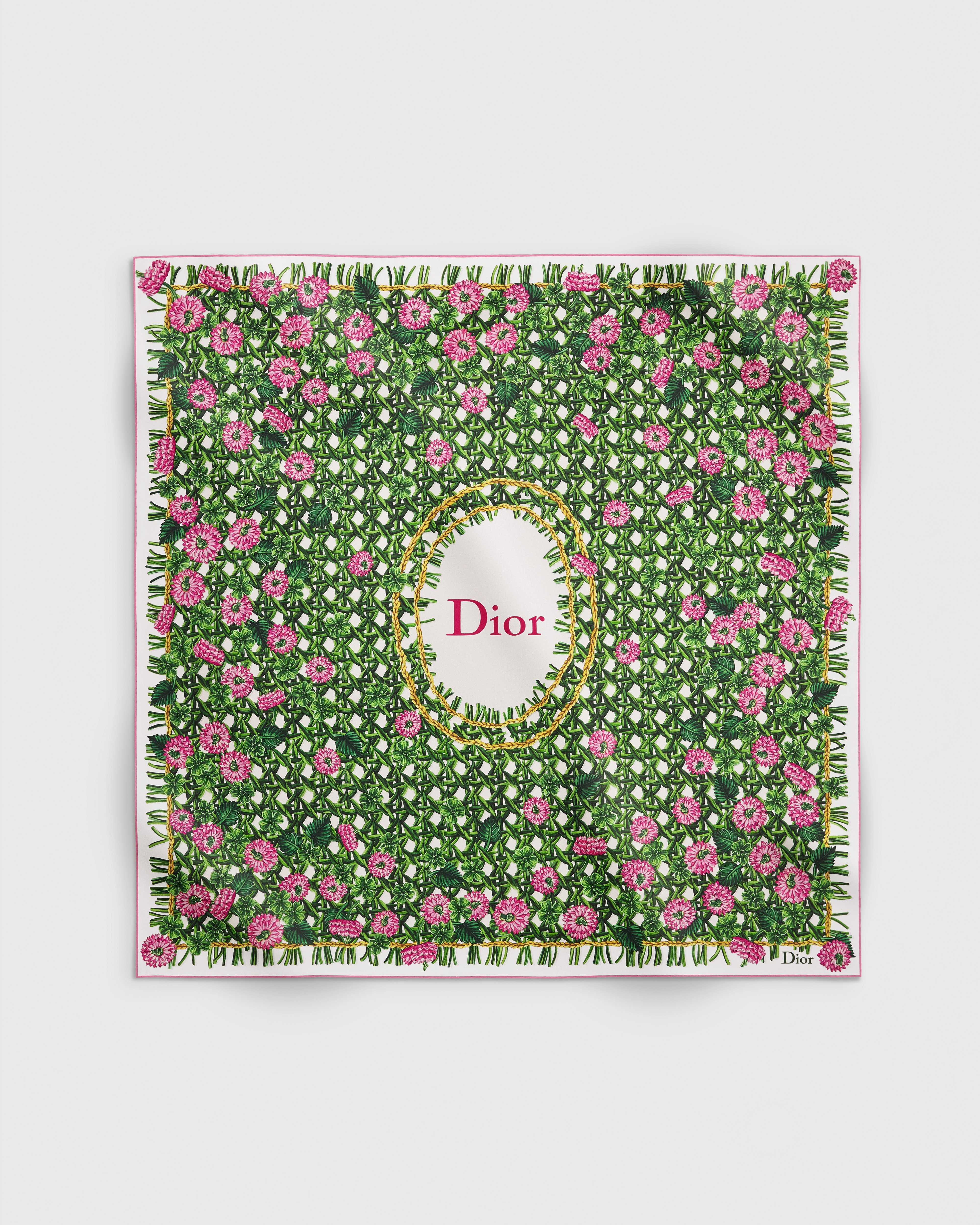Dioriviera Dior Cannage Garden 90 Square Scarf Green and Pink Silk Twill E01