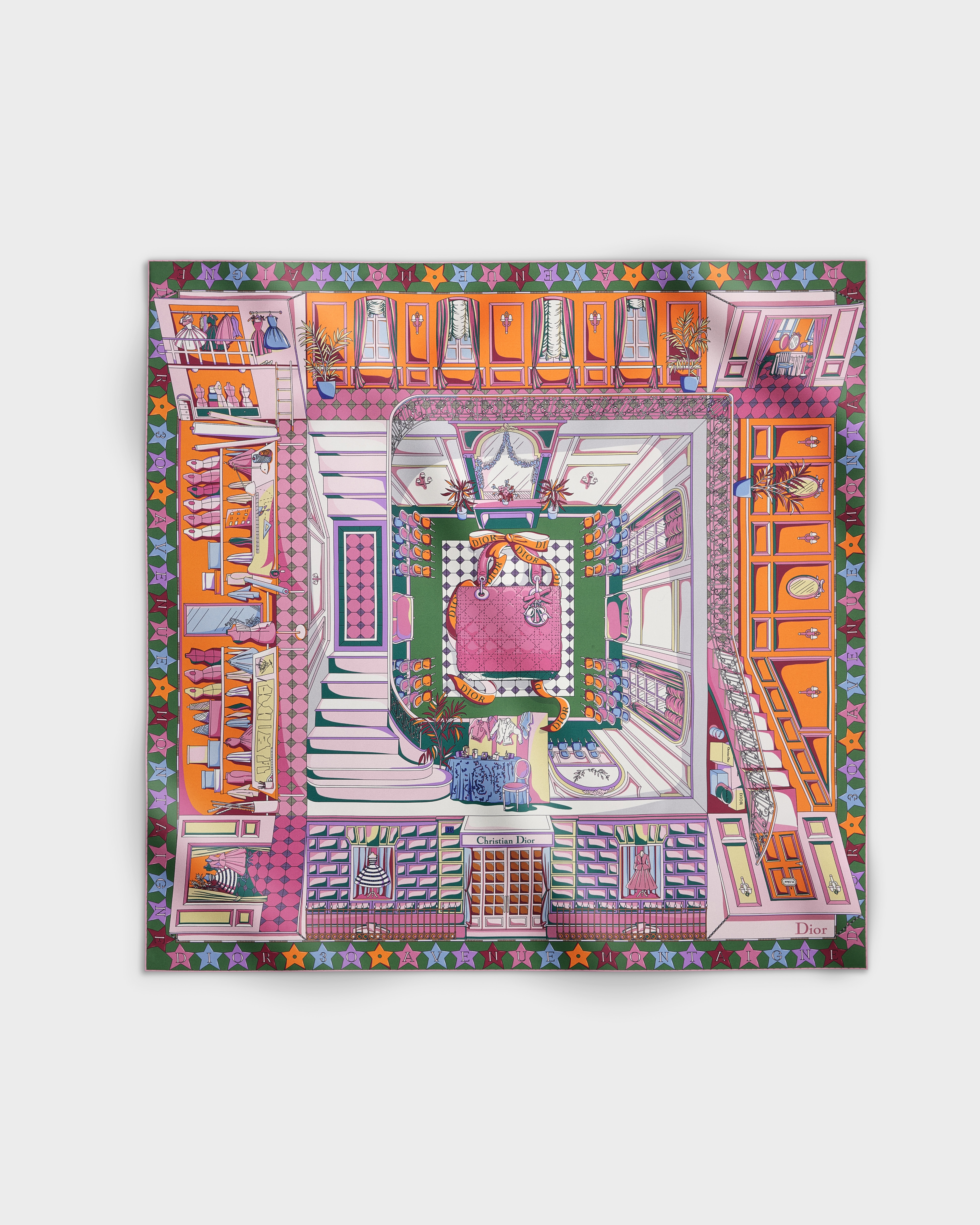 Vierkante sjaal met Inside Dior Avenue-motief Oranje en veelkleurige zijden keperstof E01