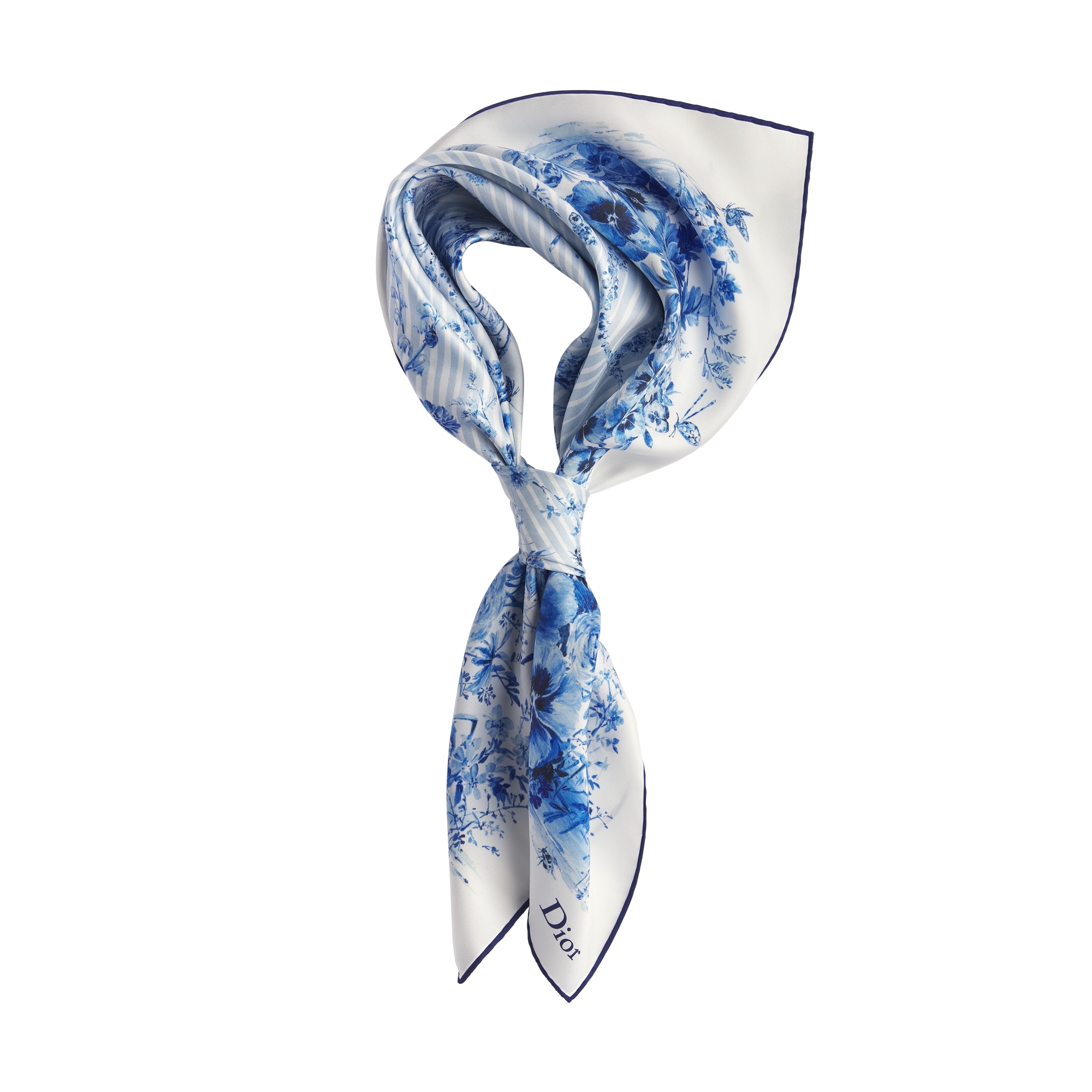 Dioriviera Toile de Jouy Floral Garden 90 Square Scarf White and Blue Silk Twill E02